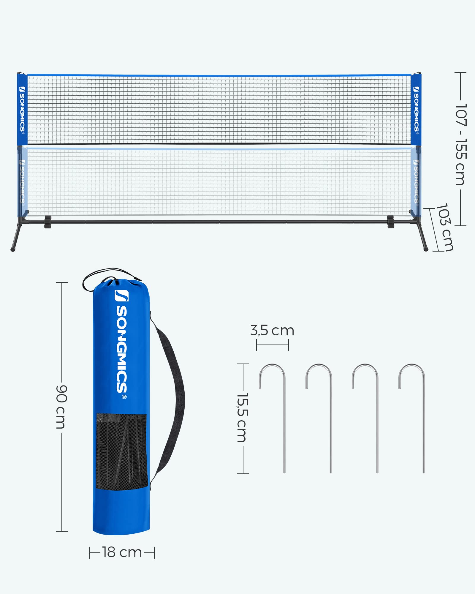 Il diagramma mostra rete sportiva Songmics, borsa di trasporto e quattro picchetti con dimensioni.