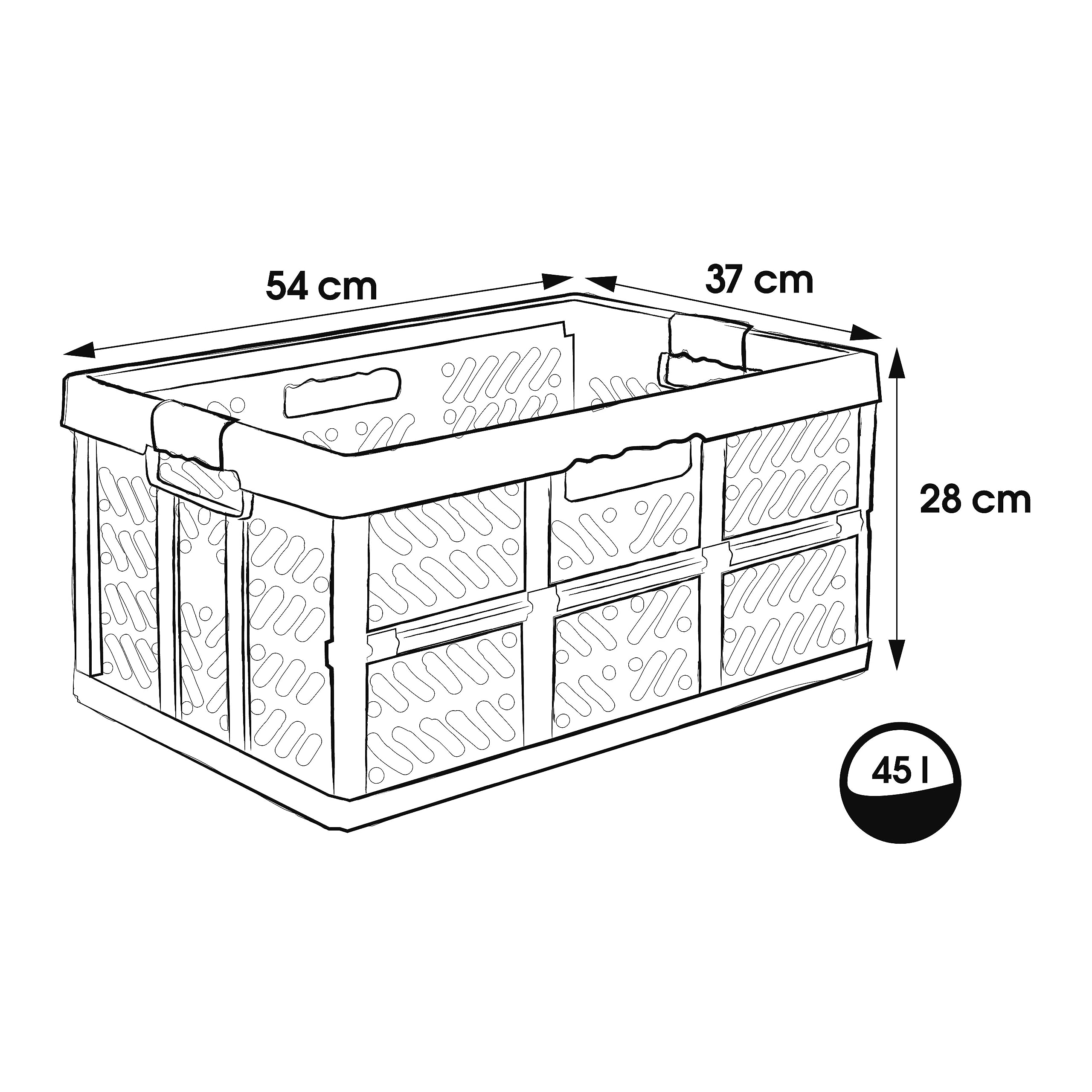 Disegno al tratto di una cassa pieghevole, dimensioni 54x37x28 cm e capacità 45 litri.