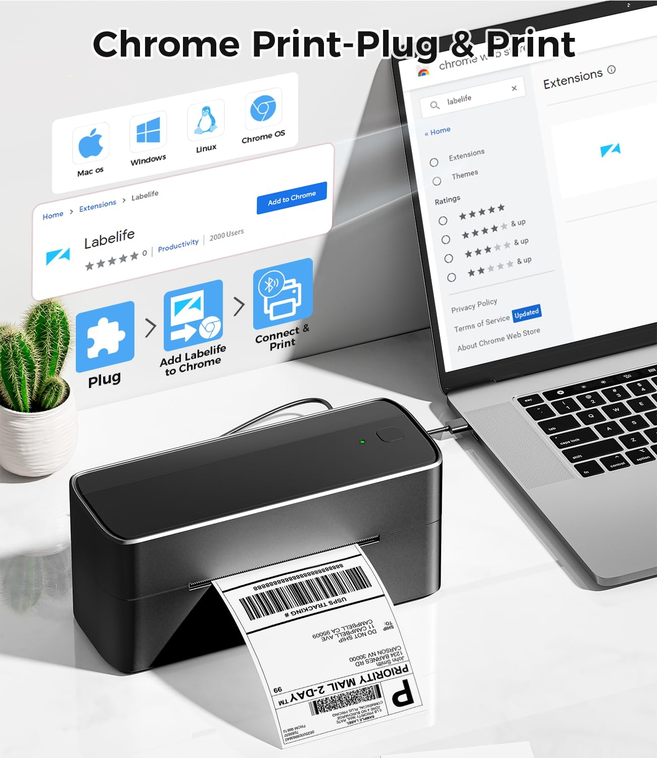 Une imprimeuse d'étiquettes imprime un colis près d'un ordinateur portable affichant le magasin Chrome.