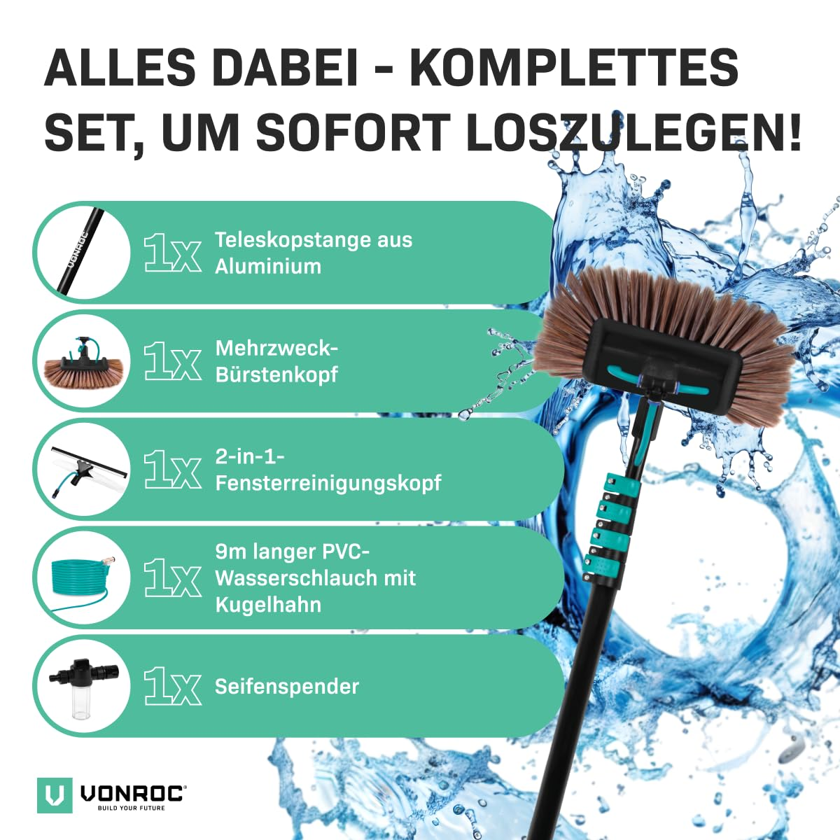 Set mit Teleskopstange, Bürstenkopf, Fenstereiniger, Schlauch und Seifenspender vor Wasserspritzern.