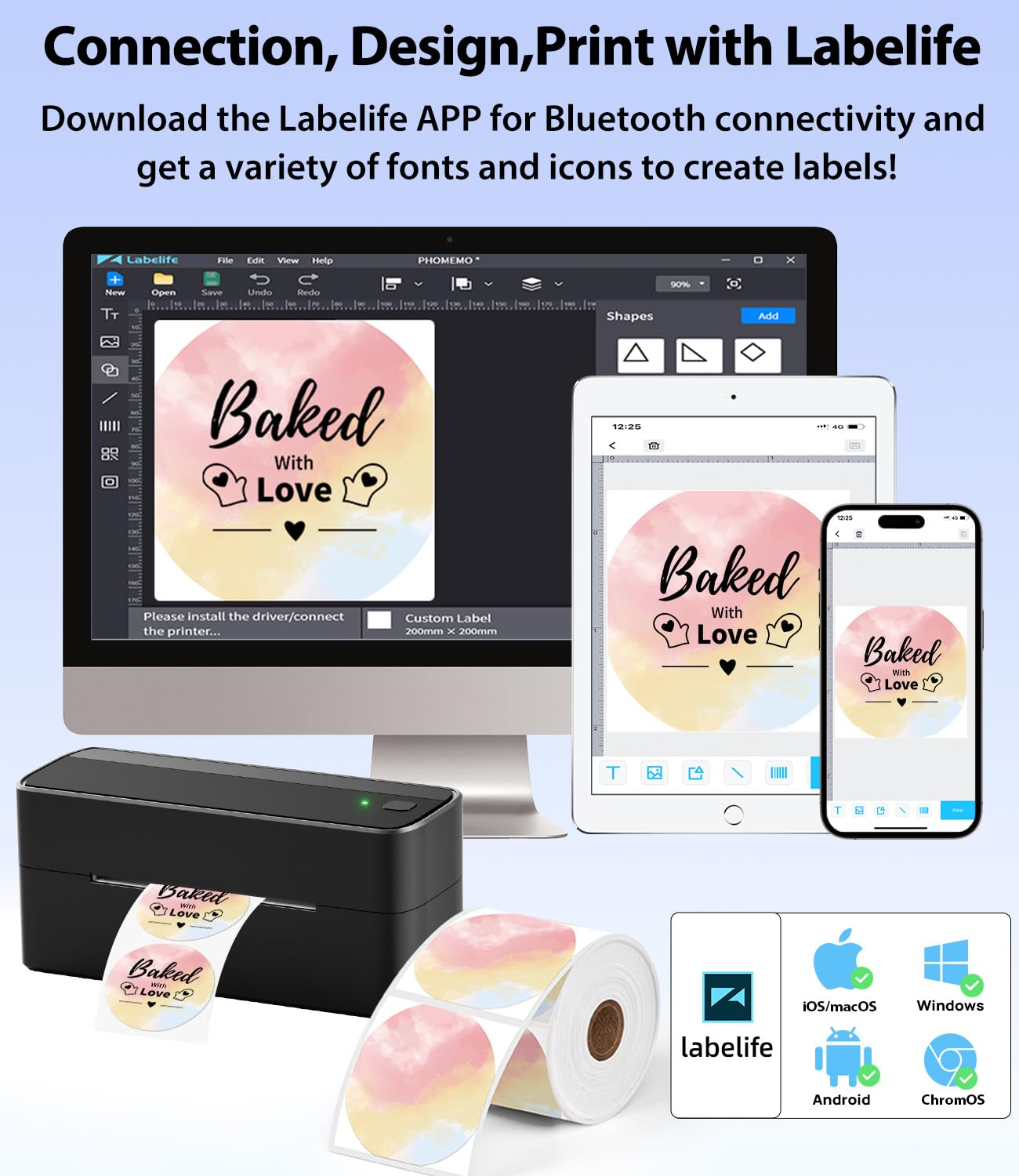 L'application Labelife sur divers appareils affiche un modèle d'étiquette imprimé par une imprimante.
