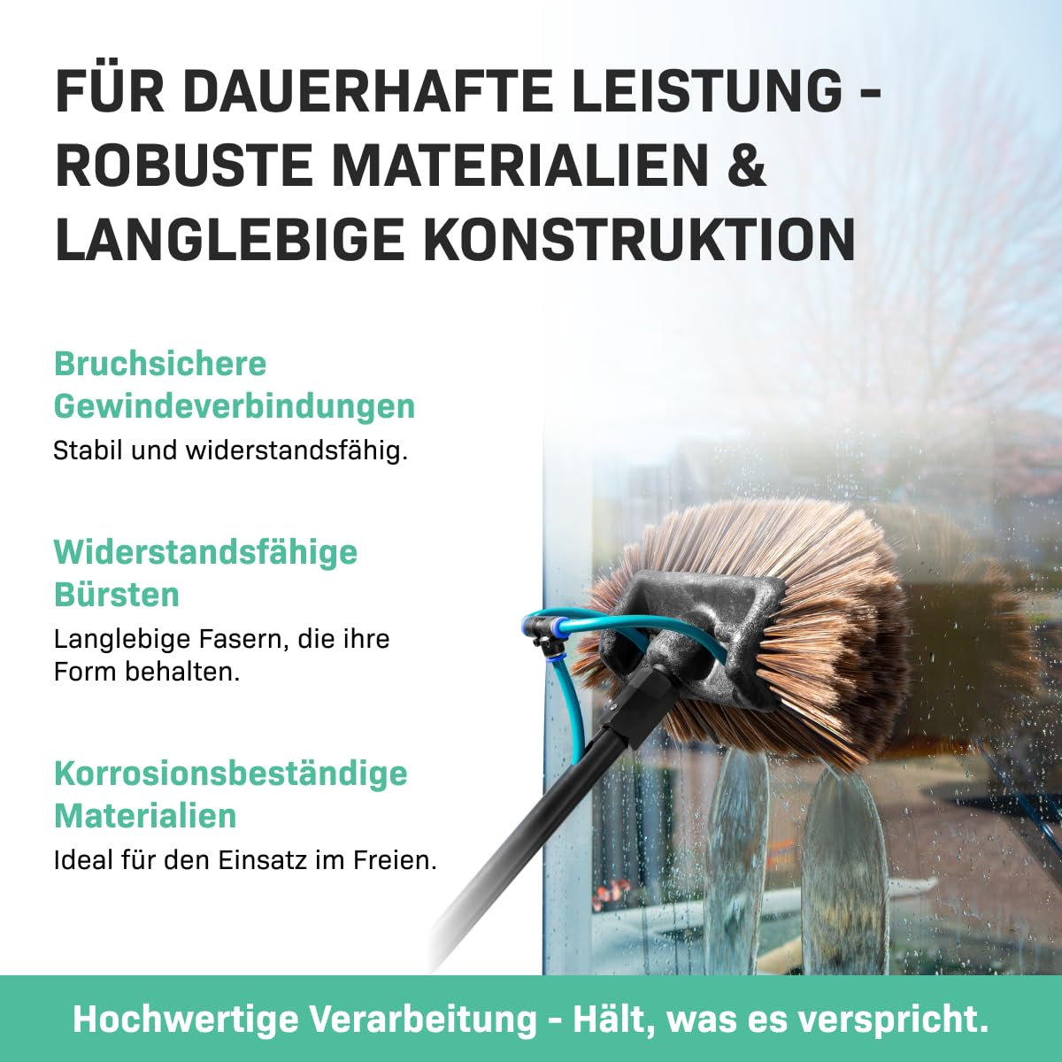 Werbebild für robuste Reinigungsausrüstung mit Bürste und deutscher Textbeschreibung.