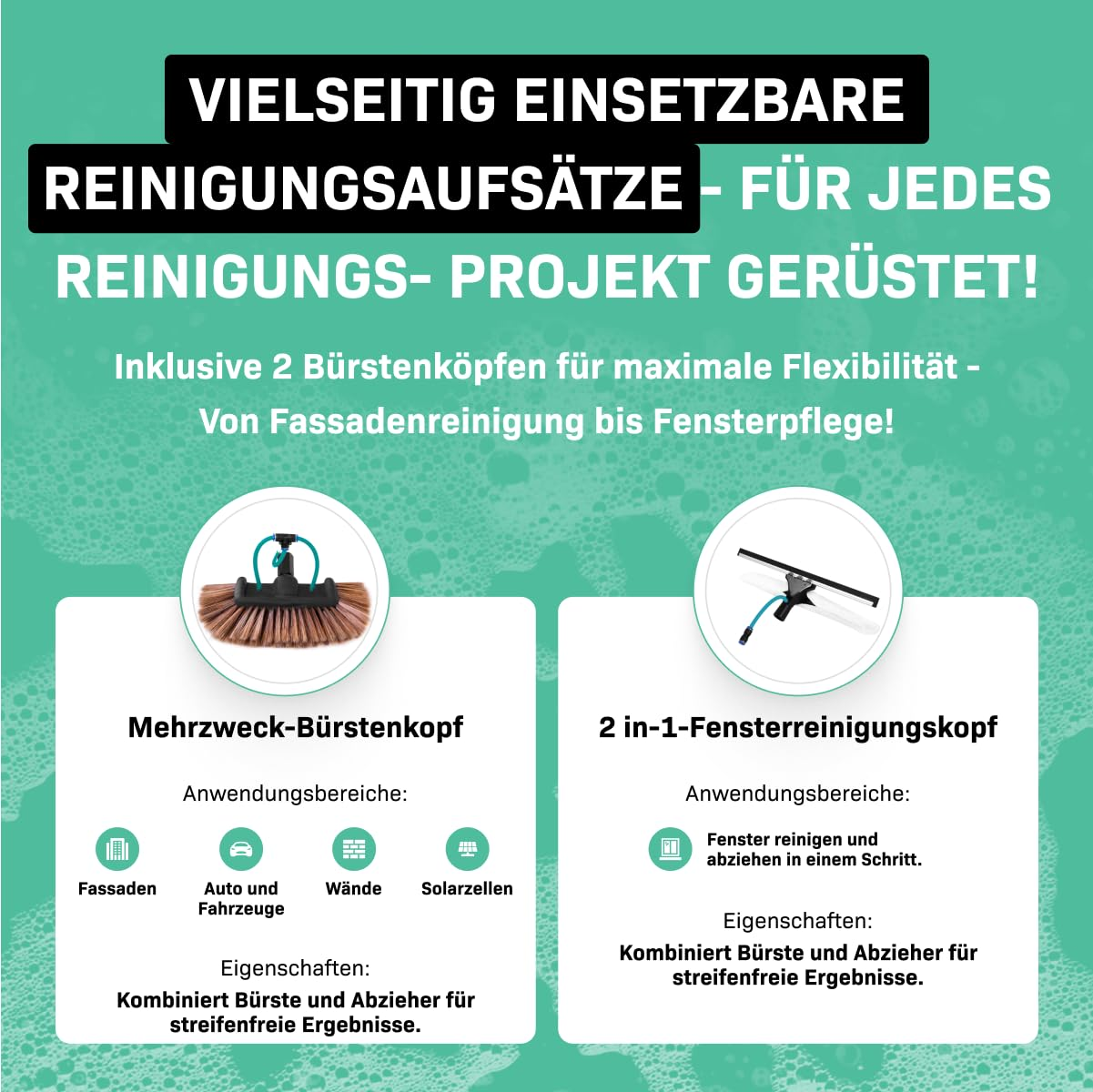 Werbegrafik mit grünem Hintergrund zeigt zwei Reinigungsaufsätze: eine Mehrzweckbürste und einen 2-in-1-Fensterreiniger.
