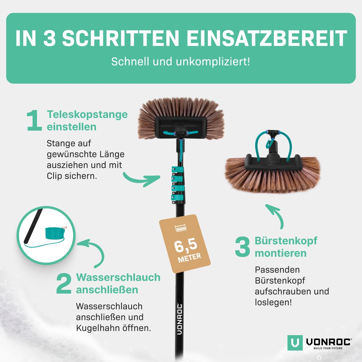 Anleitung in drei Schritten für eine Teleskopstange mit Bürstenkopf und Wasseranschluss.