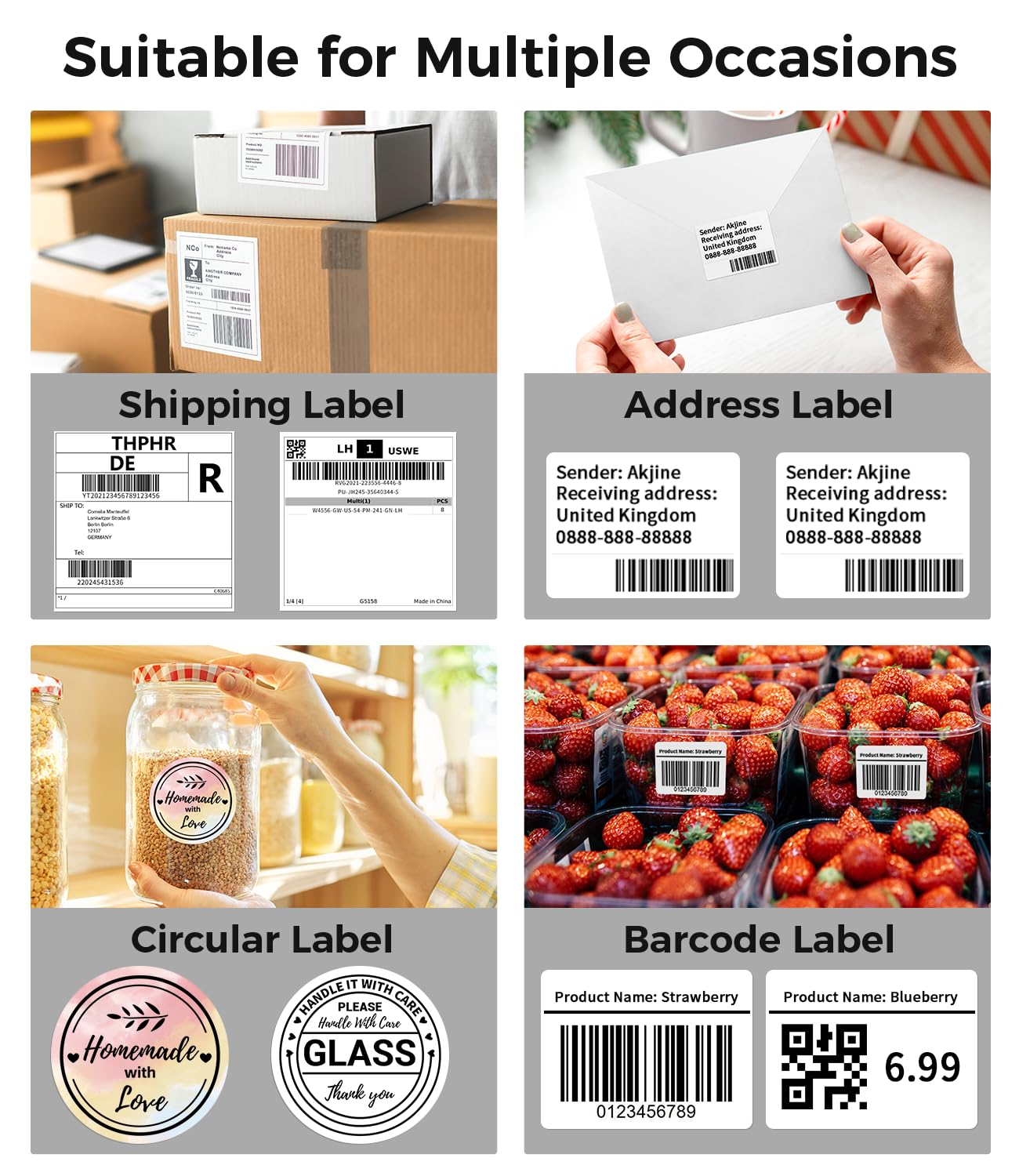 Différents types d'étiquettes pour l'expédition, les adresses, les autocollants circulaires et les codes-barres.