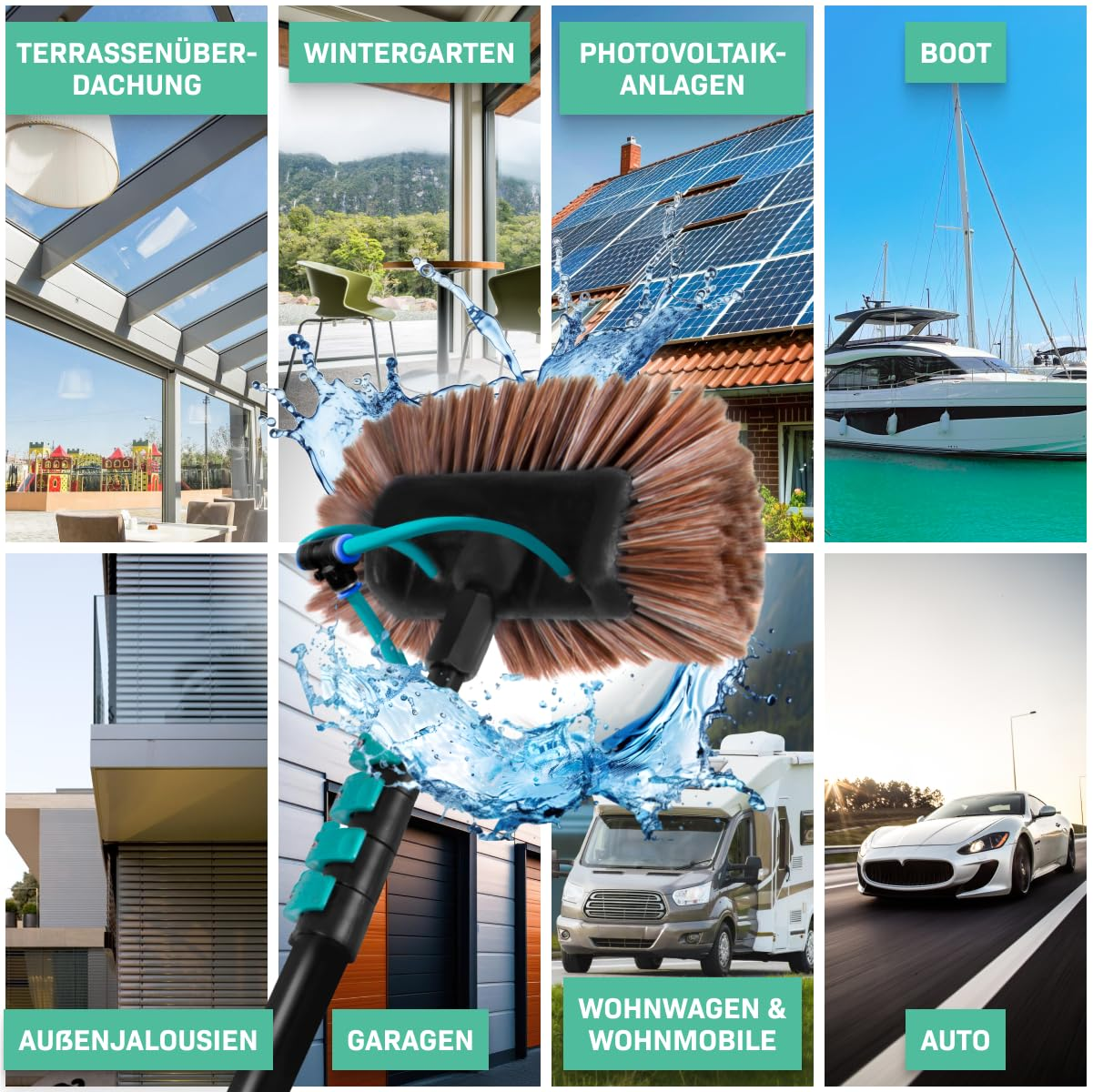 Eine Reinigungsbürste mit Wasserspritzern, umgeben von Bildern von Dächern, Booten, Autos und Wintergärten.