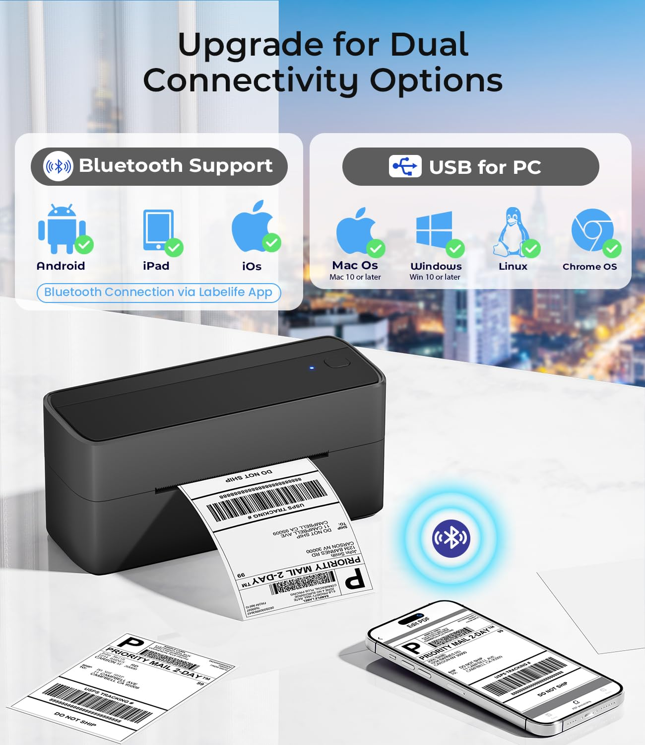 Une imprimante d'étiquettes portable sur un bureau avec connectivité Bluetooth et support multiplateforme.