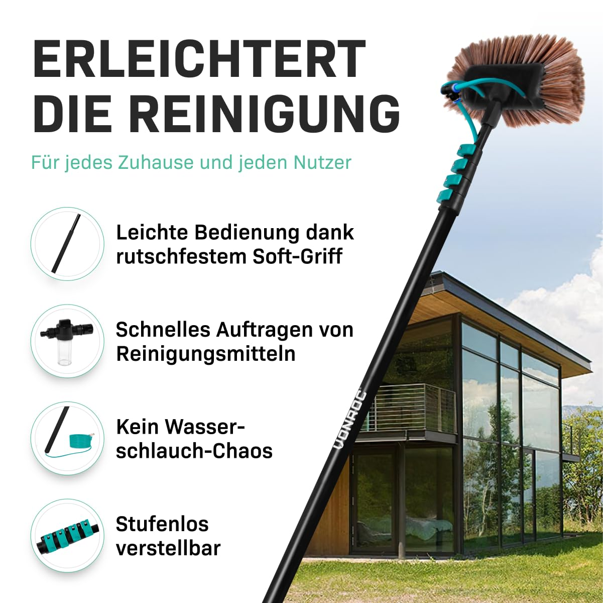 Werbebild für eine VONROC Reinigungsbürste mit Teleskopstiel, Produktmerkmalen und einem Haus im Hintergrund.