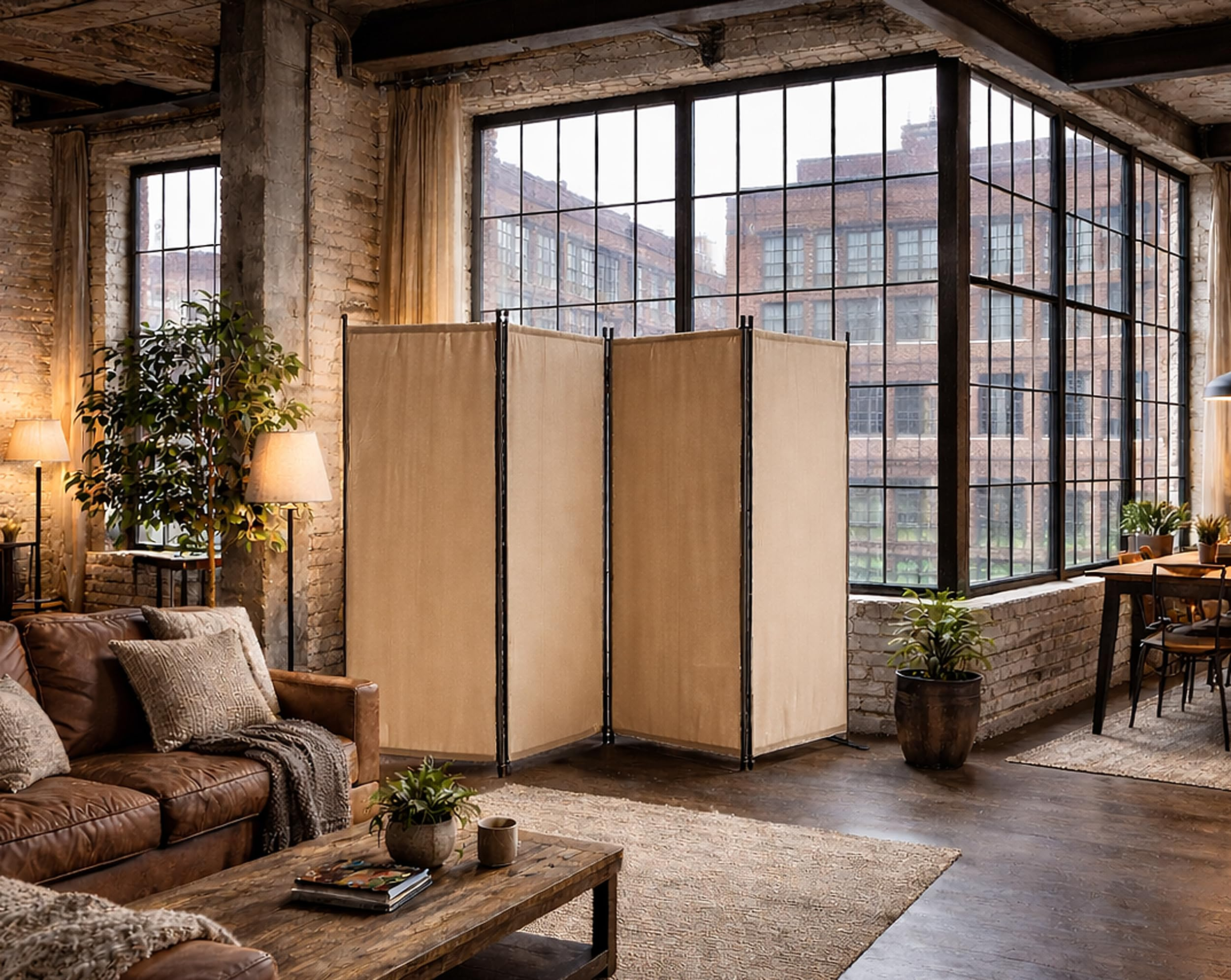 Ein Loft-Wohnzimmer mit braunem Ledersofa, Holzcouchtisch, beige Raumtrenner und großen Fabrikfenstern.