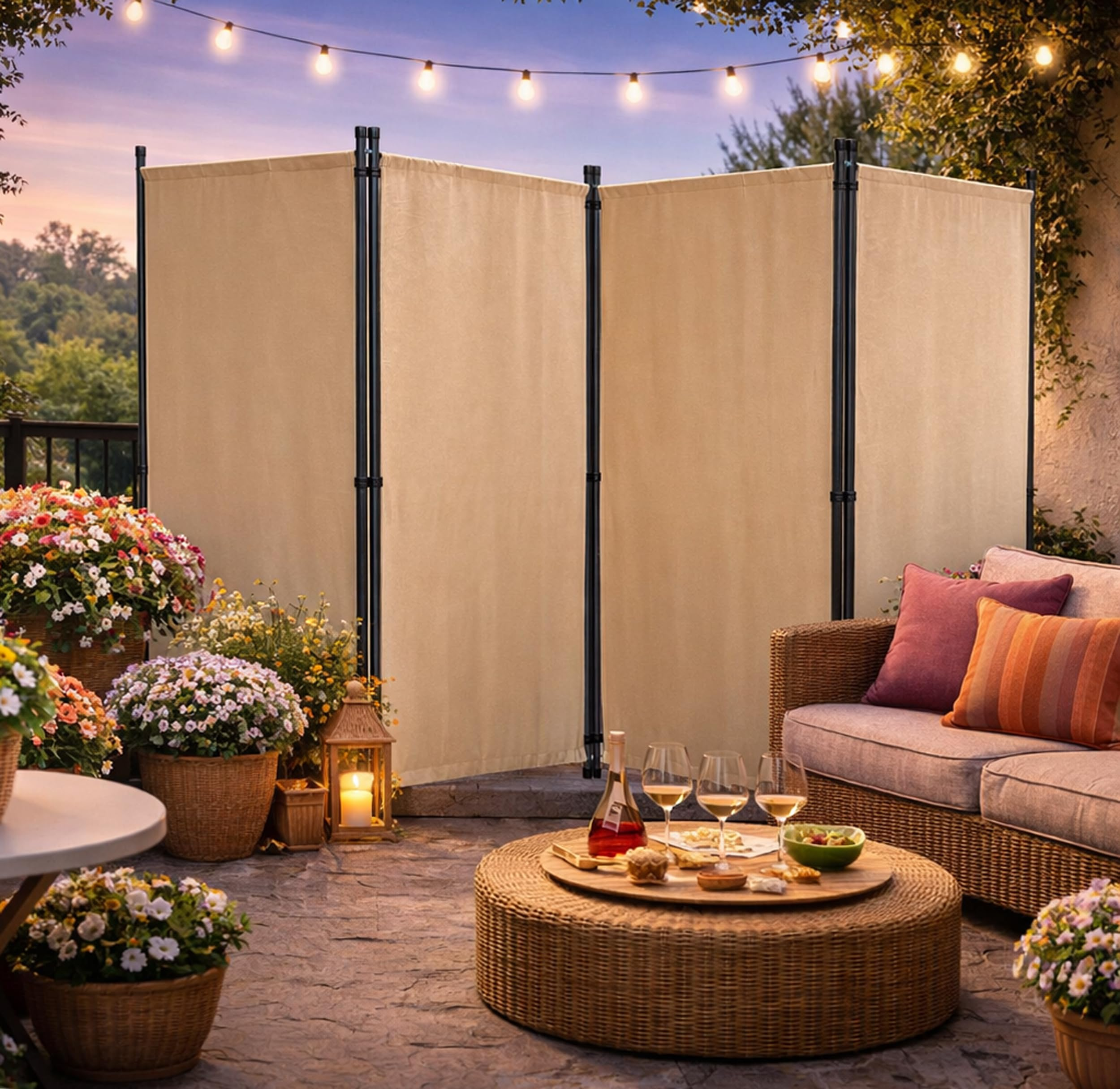 Eine beige Raumtrennerwand auf einer Terrasse mit Blumen, Korbmöbeln, Lichtern und Getränken bei Dämmerung.