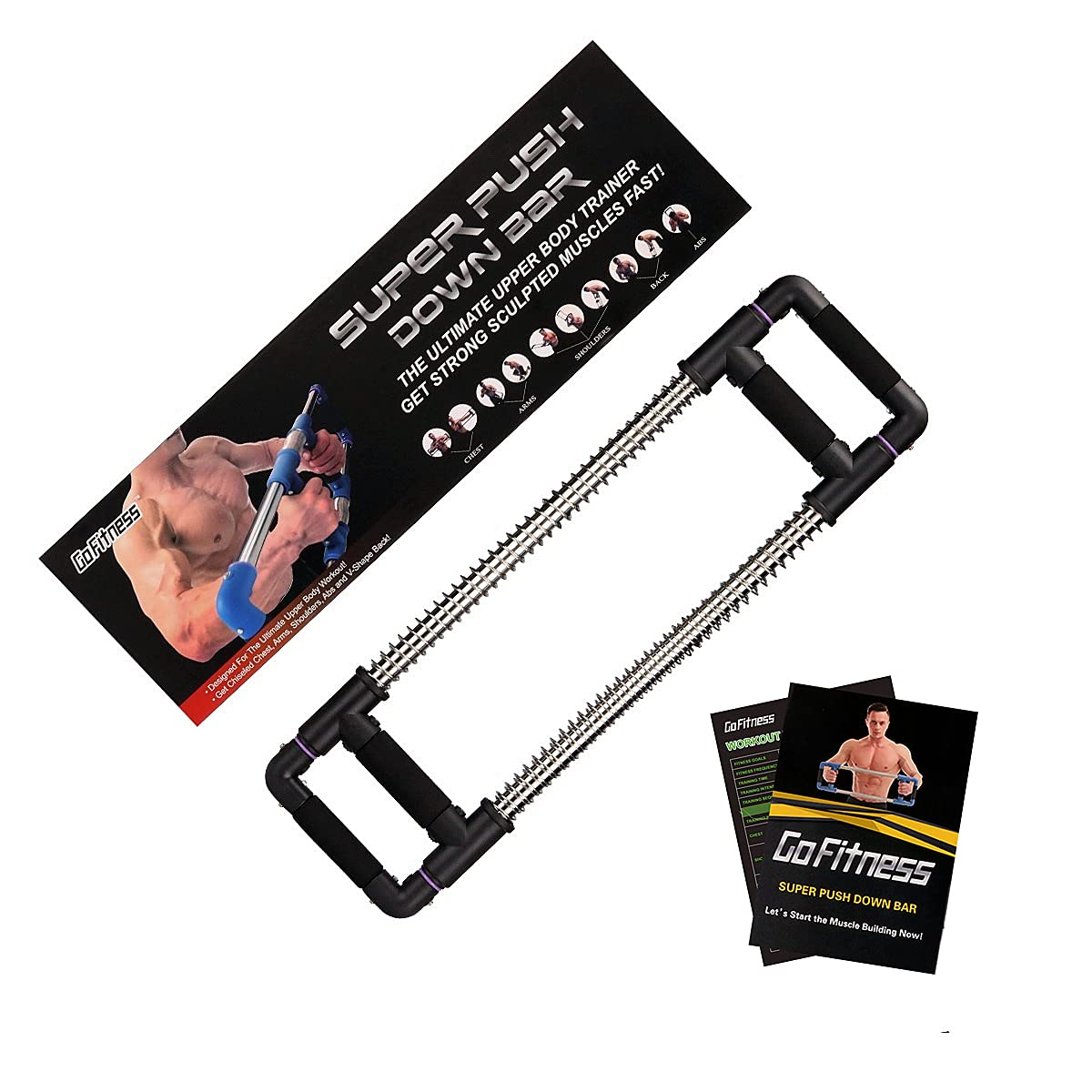 GoFitness Super Push Down Bar mit Box, Anleitung und Federstange.