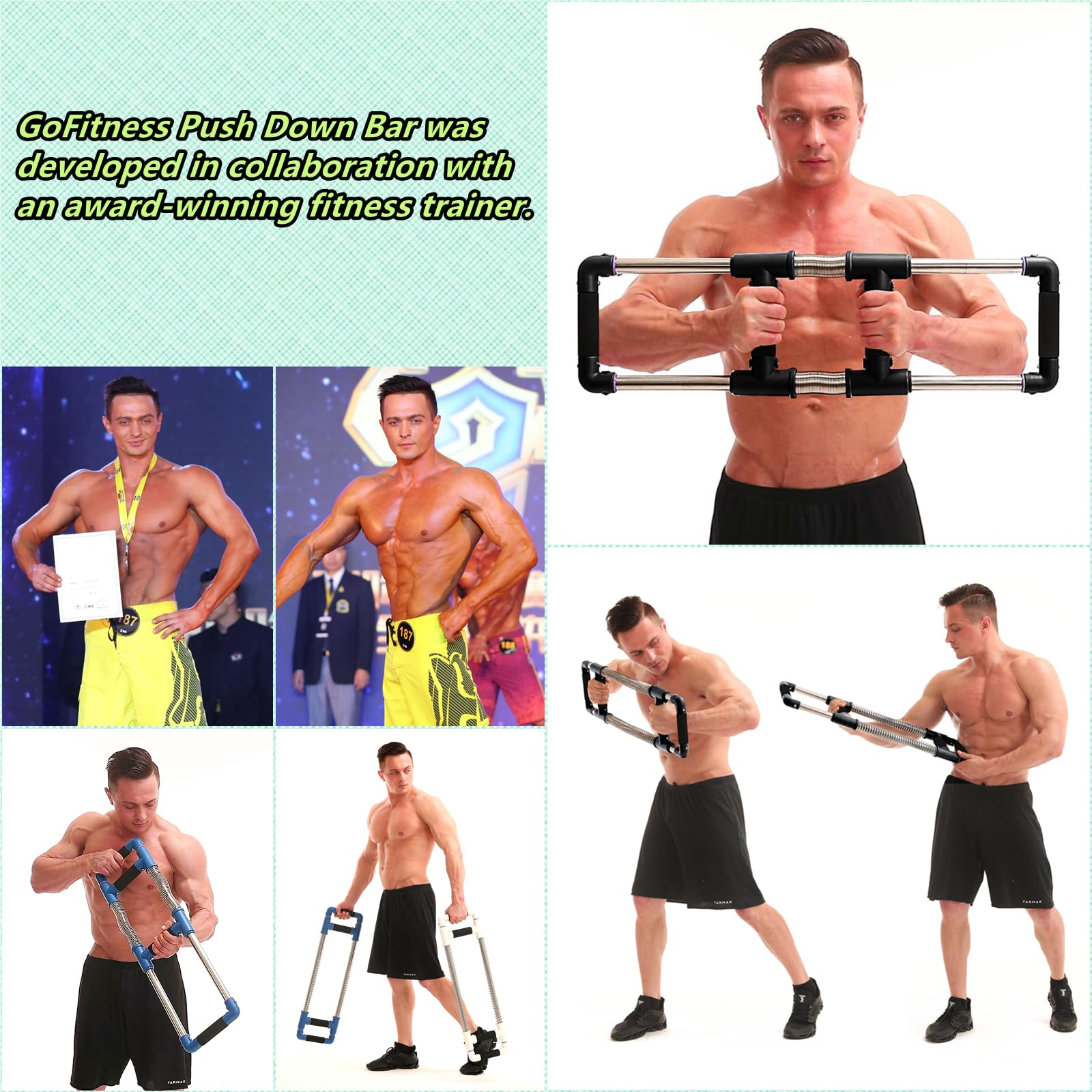 Ein muskulöser Mann demonstriert verschiedene Übungen mit einem schwarz-silbernen Fitnessgerät.