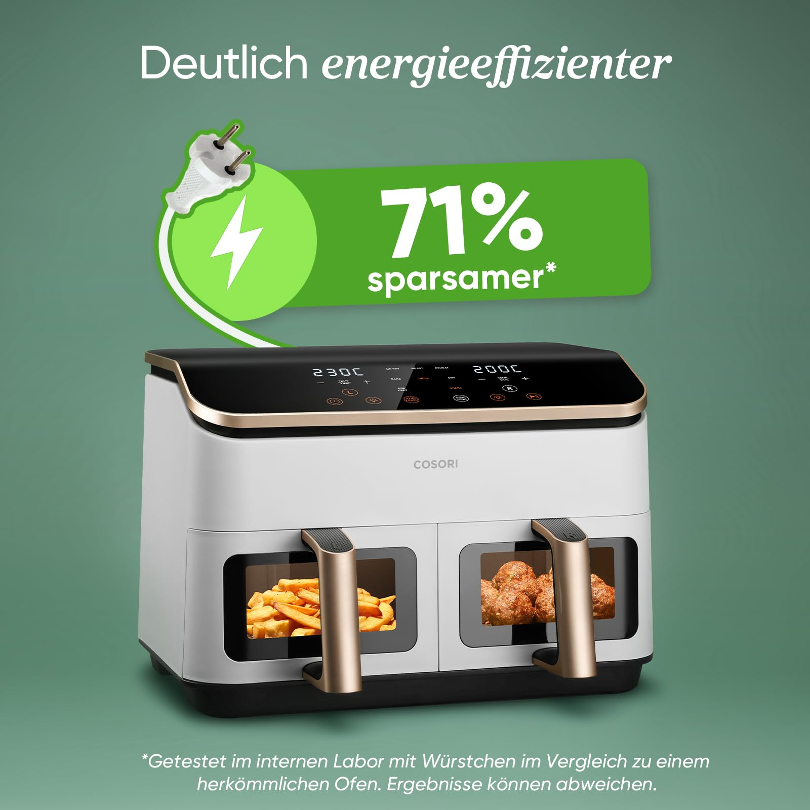 Une friteuse sans huile Cosori blanche à double bac avec des détails dorés, annonçant 71% d'économie.