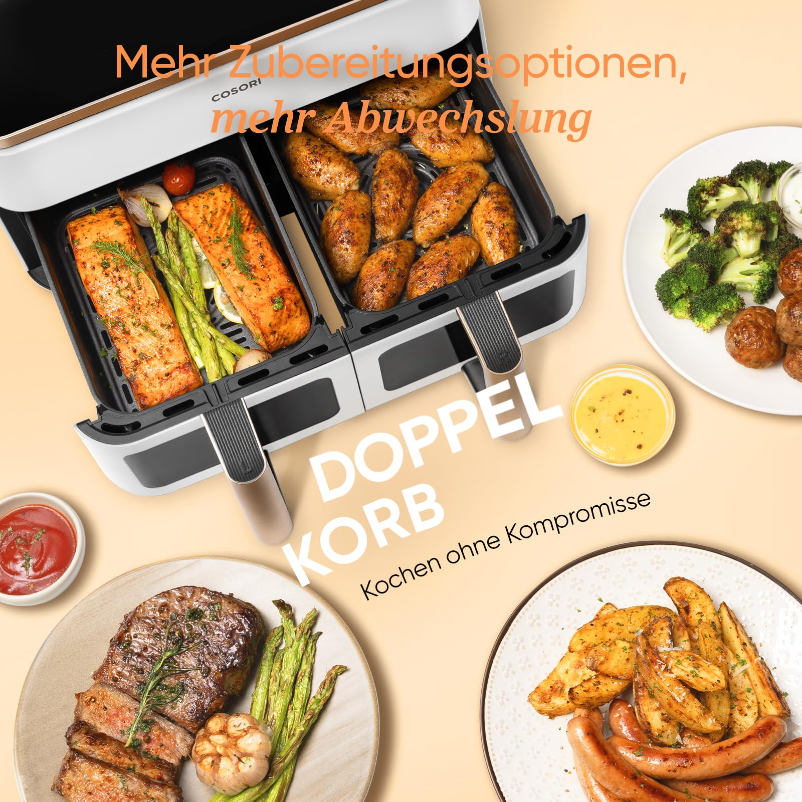 Friteuse à air double avec saumon, ailes de poulet, steak, saucisses, quartiers de pommes de terre et brocoli.