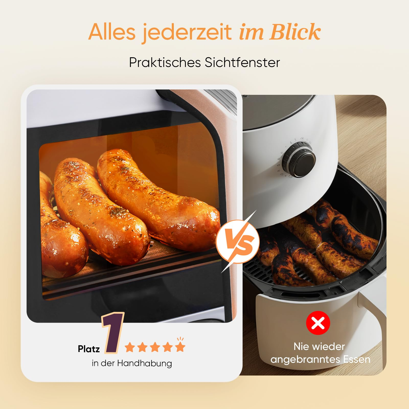 Comparaison de friteuses: une avec hublot montre de bonnes saucisses, une autre a des saucisses brûlées.