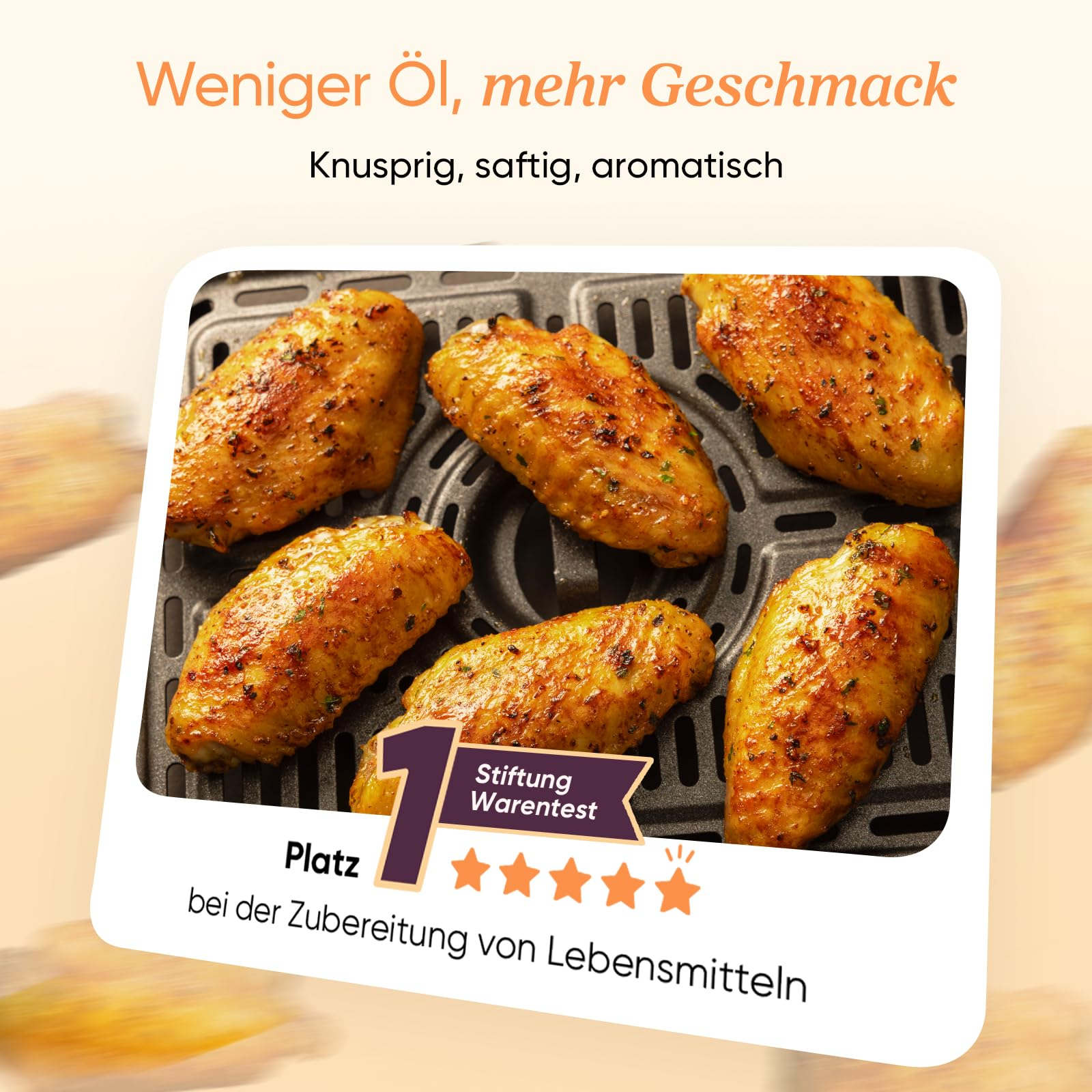 Ailes de poulet croustillantes dans une friteuse à air, avec texte allemand sur le goût et le prix.