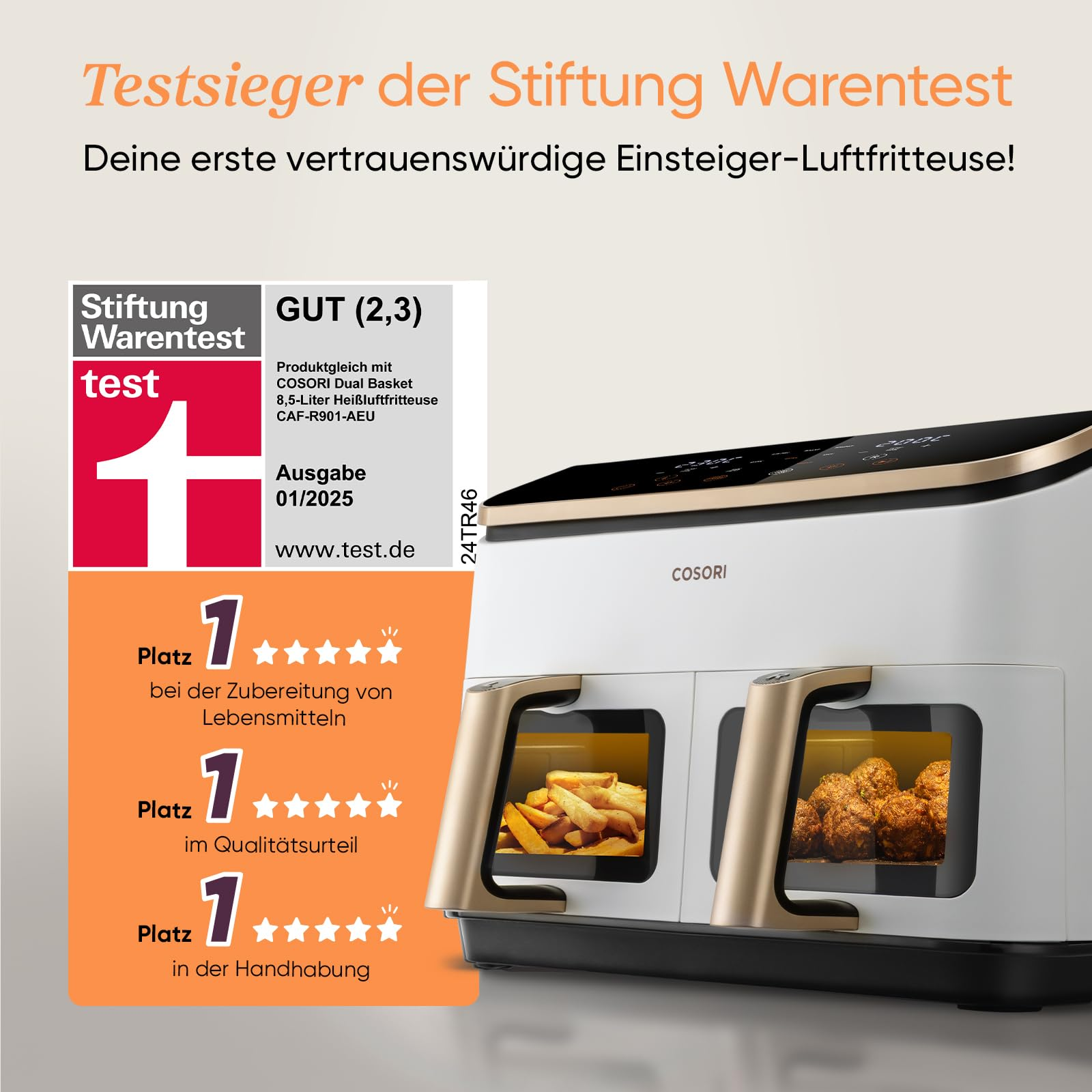 Friteuse à air COCORI avec le prix Stiftung Warentest, montrant des frites et des boulettes.