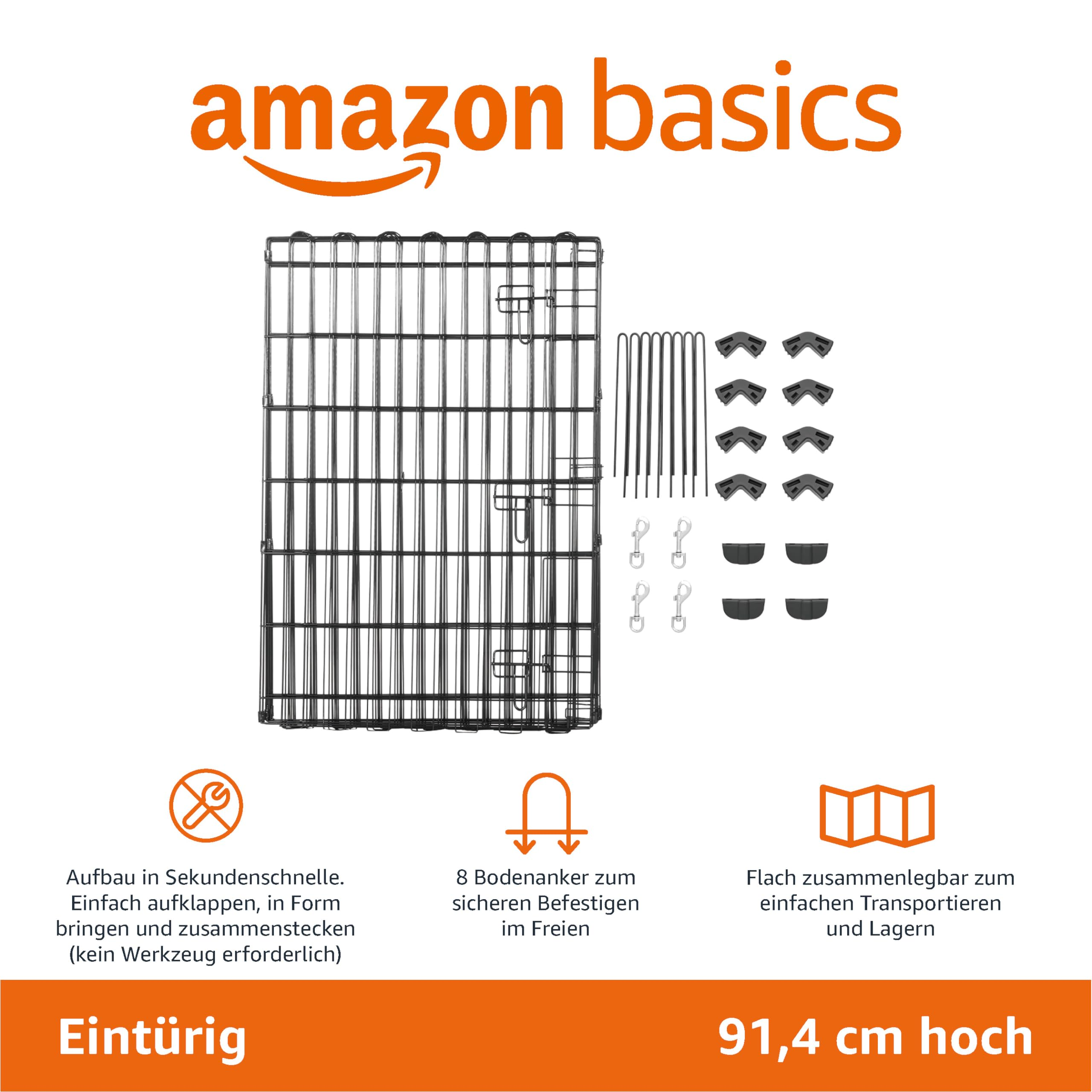 Cage pour animaux Amazon Basics à une porte avec accessoires sur fond blanc et caractéristiques.