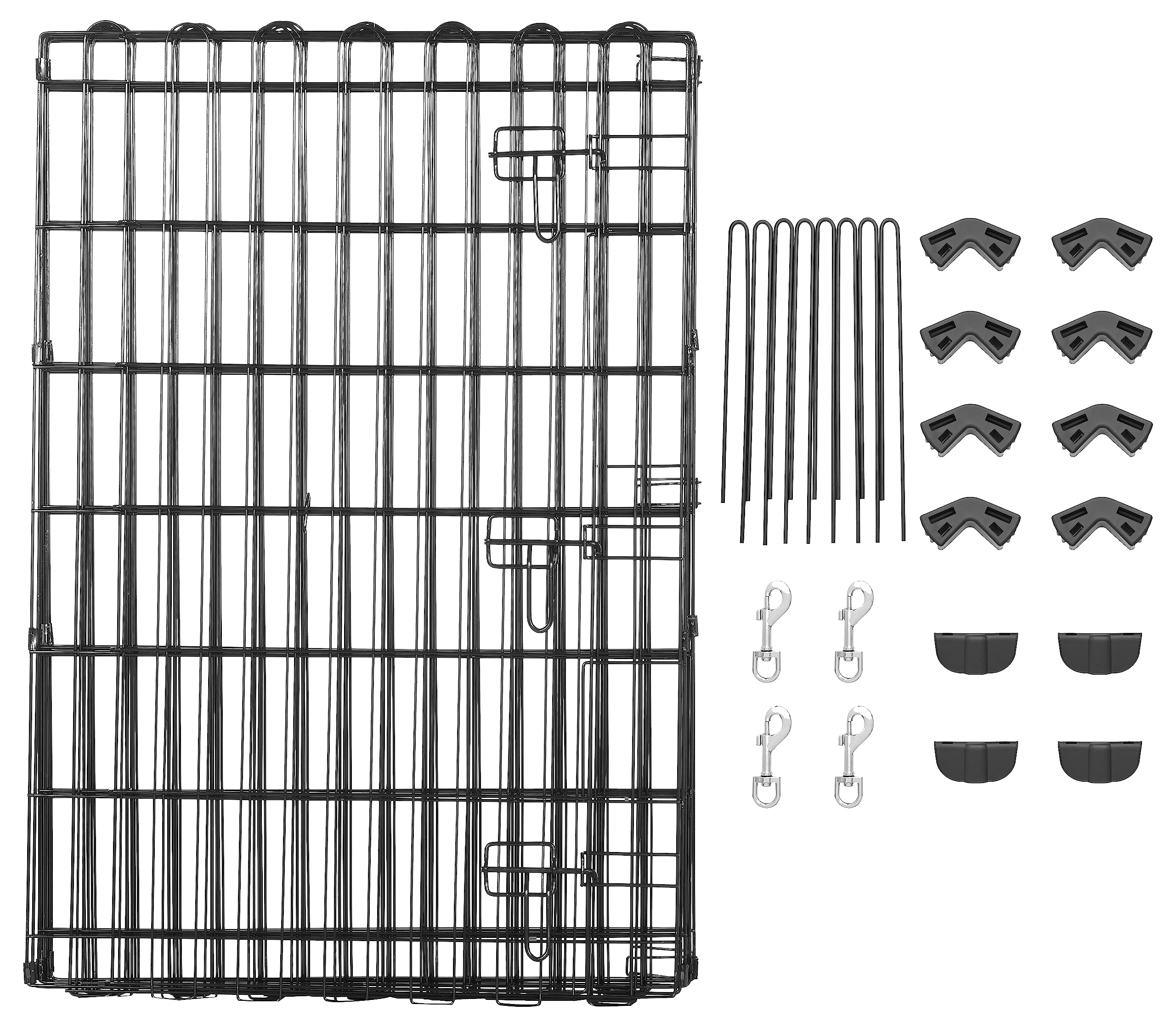 Une cage métallique noire avec des tiges, des crochets et des angles sur fond blanc.