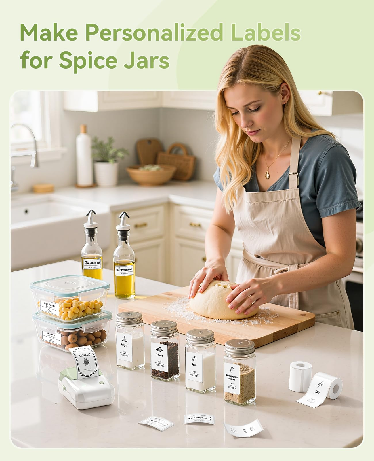 Une femme blonde en tablier pétrit de la pâte dans une cuisine lumineuse, avec des pots et des bouteilles d'huile étiquetés.