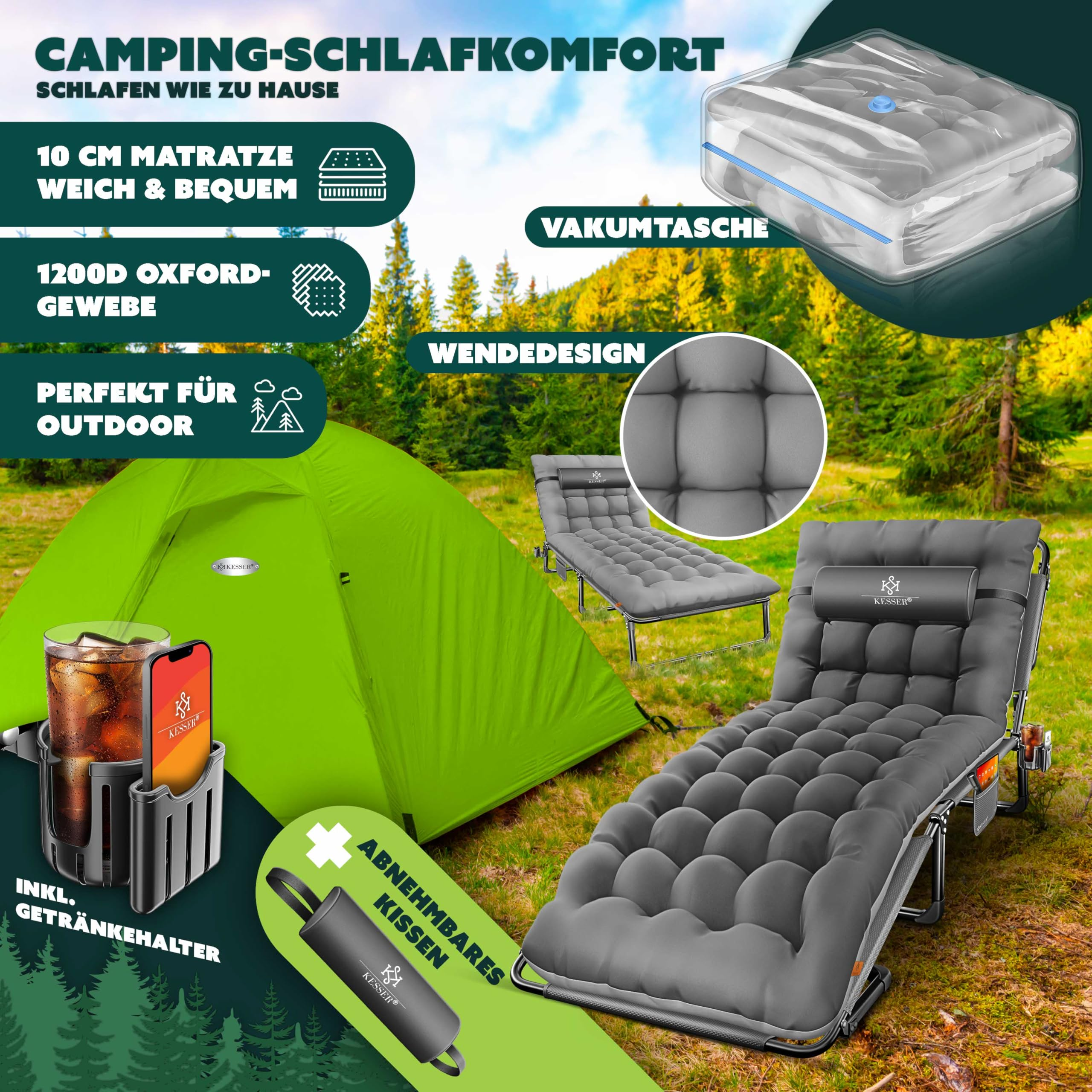Campingwerbung mit grünem Zelt, grauer Liege, Getränkehalter, Kissen und Vakuumtasche im Wald.