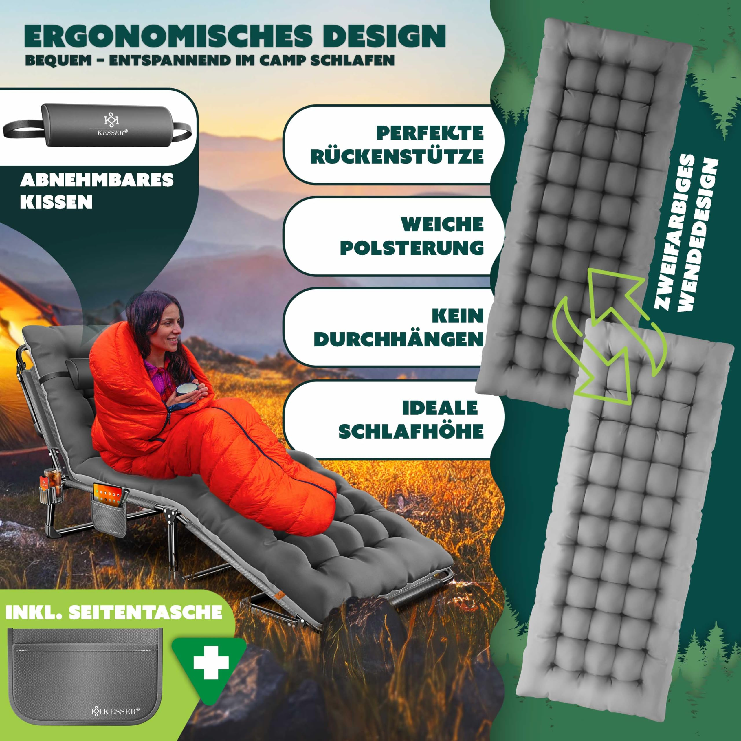 Produktwerbung für eine Campingliege mit abnehmbarem Kissen, Seitentasche und zweifarbigem Design.