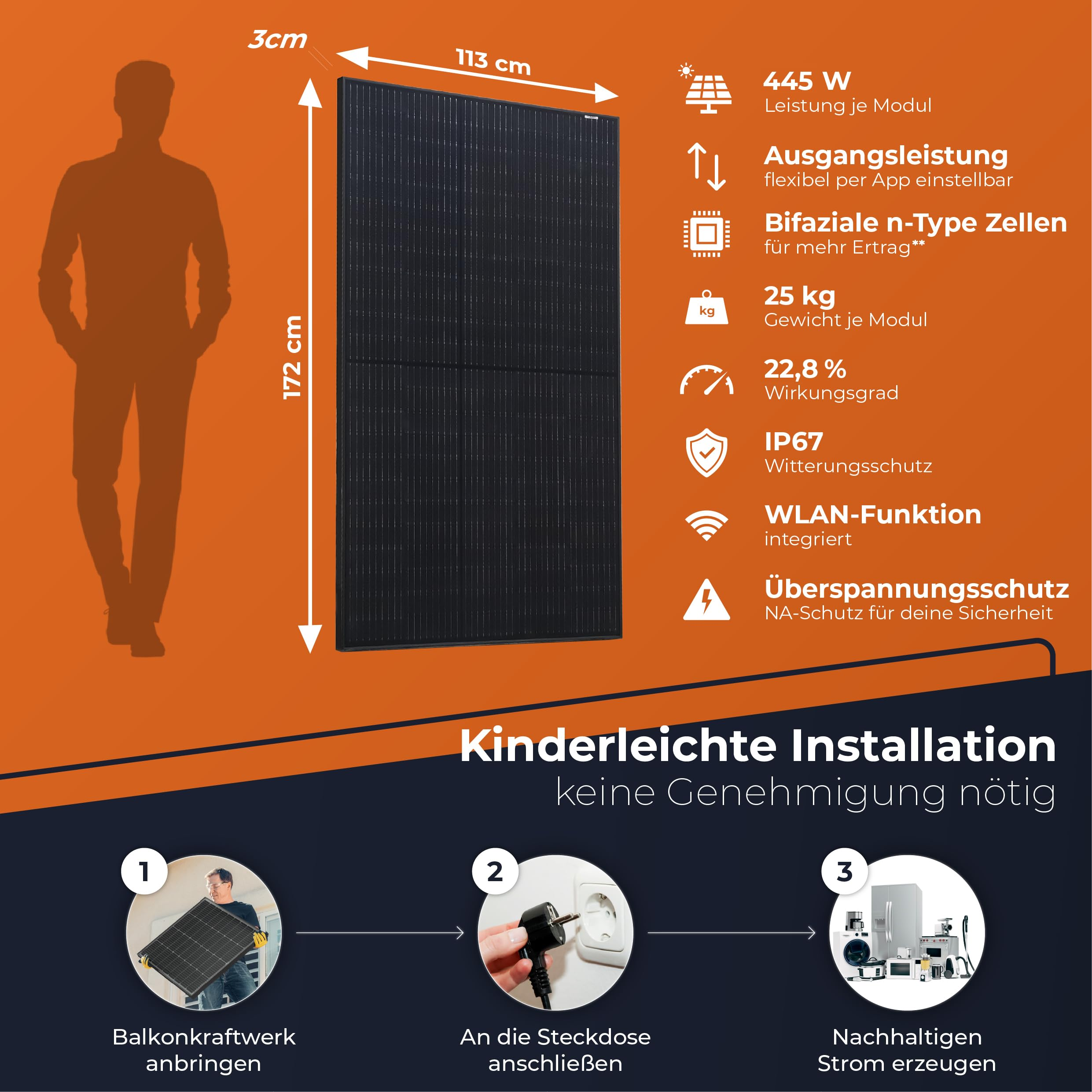 Infografik zeigt Solarmodul-Maße, 445W Leistung, technische Daten und eine dreistufige einfache Installationsanleitung.