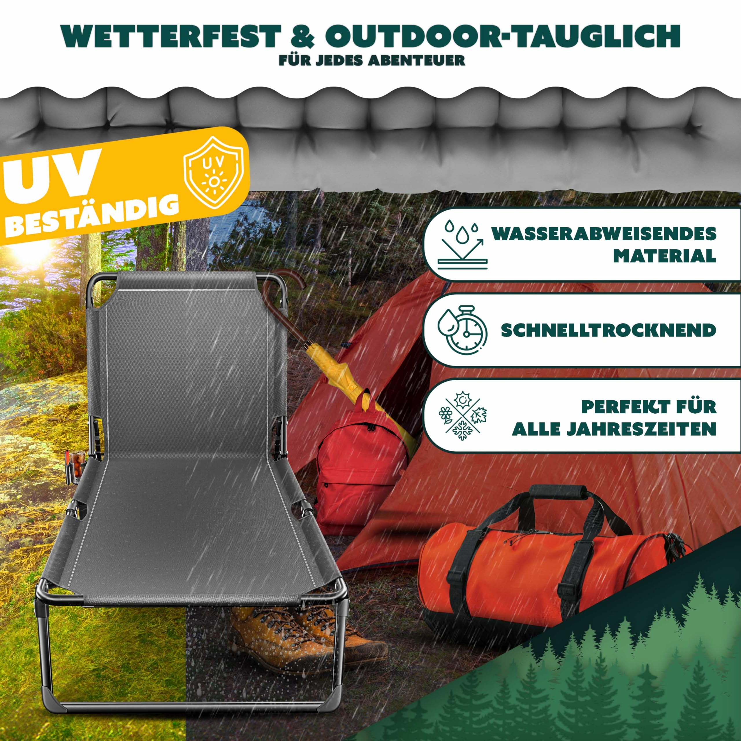 Wetterfester Grauer Stuhl vor Zelt in Wald, mit Text zu UV-Beständigkeit und Wasserdichtigkeit.