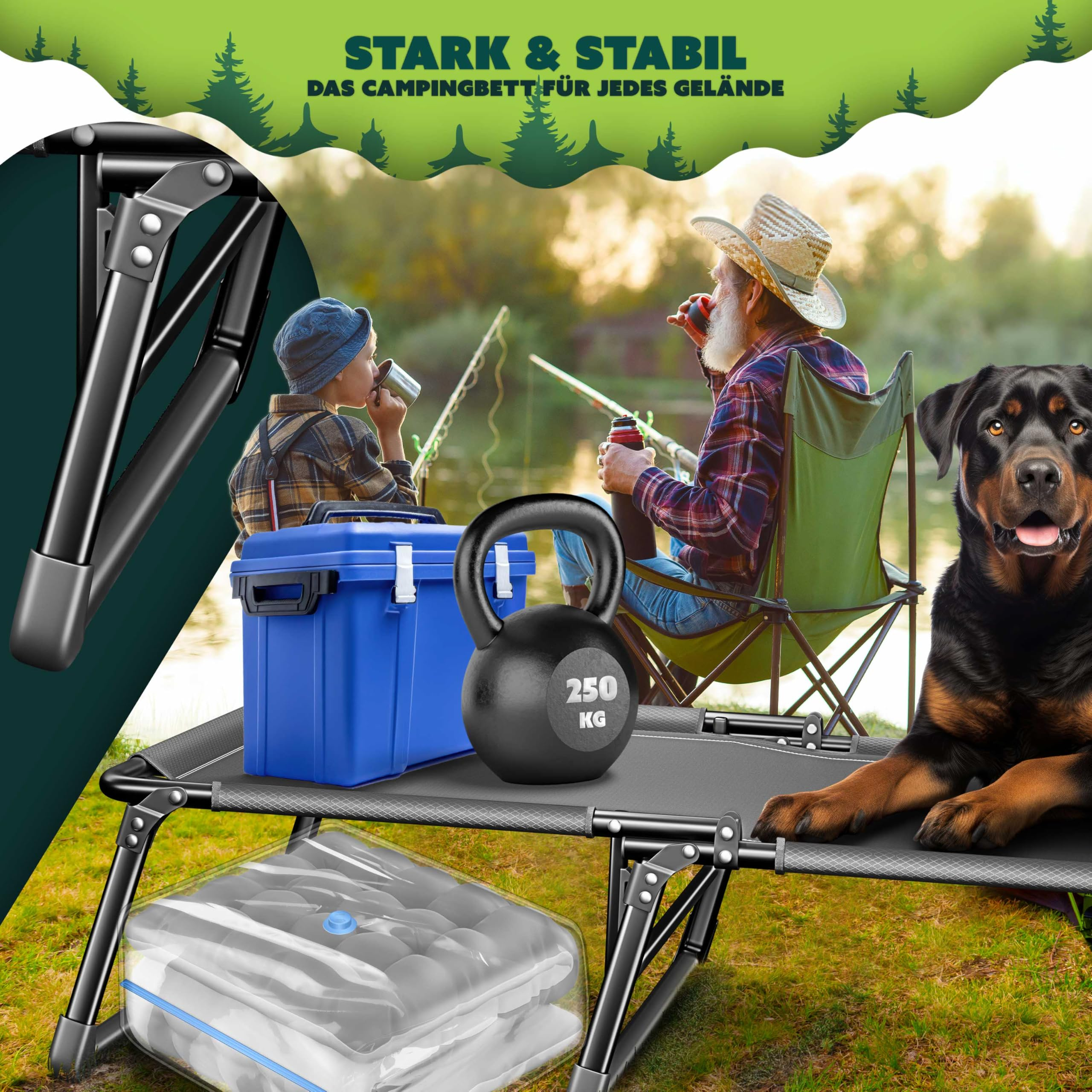Stabiles Campingbett mit Koffer, Gewicht, Hund und Angler im Hintergrund.