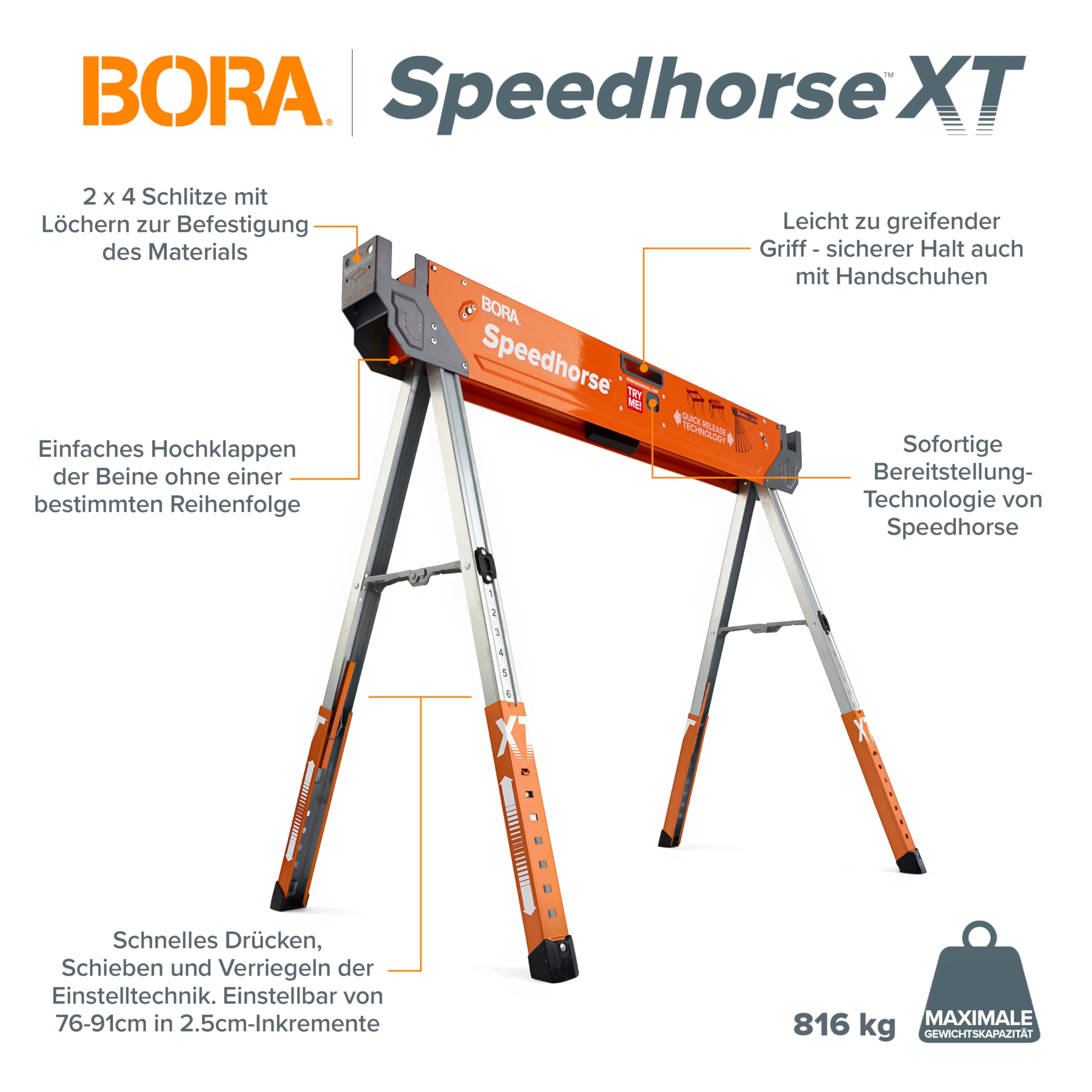 Bora Speedhorse XT Sägebock mit orangem Balken und klappbaren Beinen, beschriftet mit Produktfeatures auf Deutsch.
