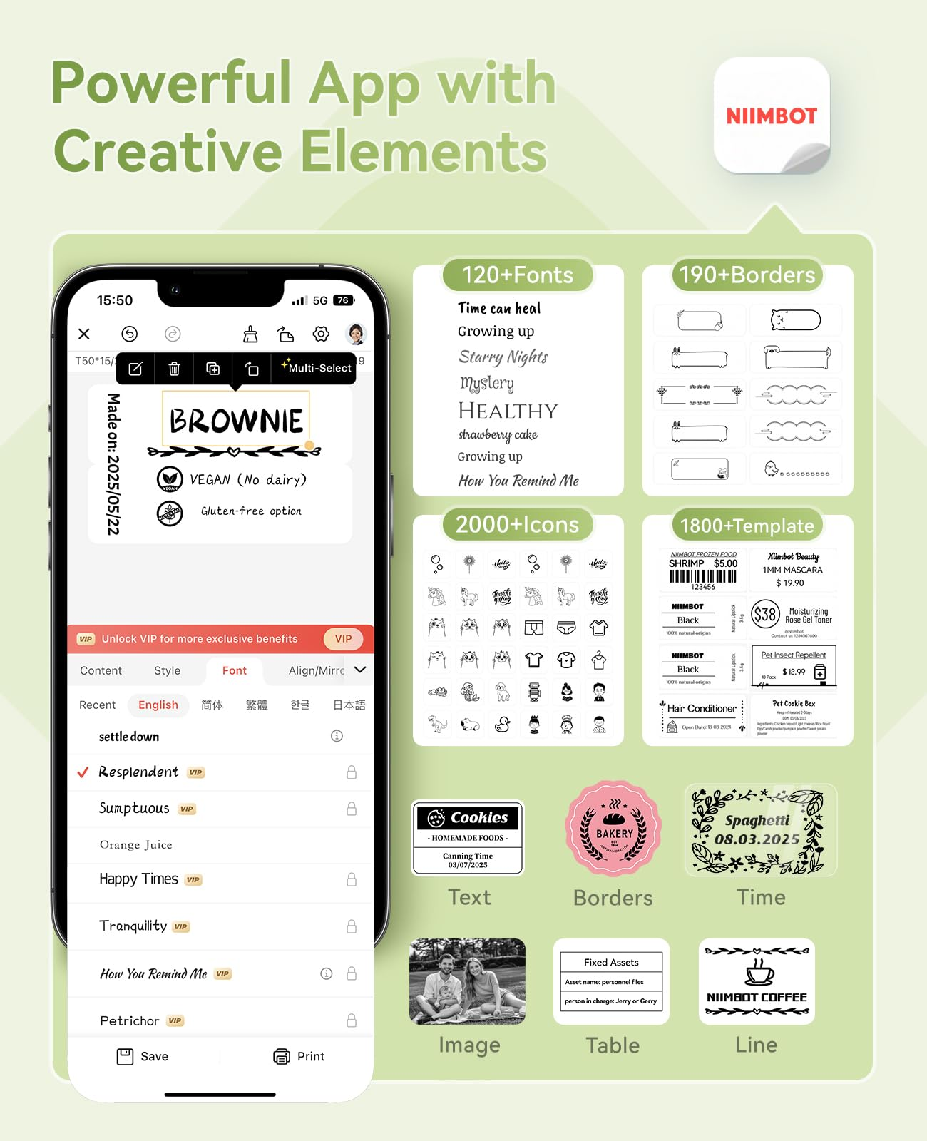Interface d'application mobile montrant la conception d'étiquettes avec polices, bordures et icônes.
