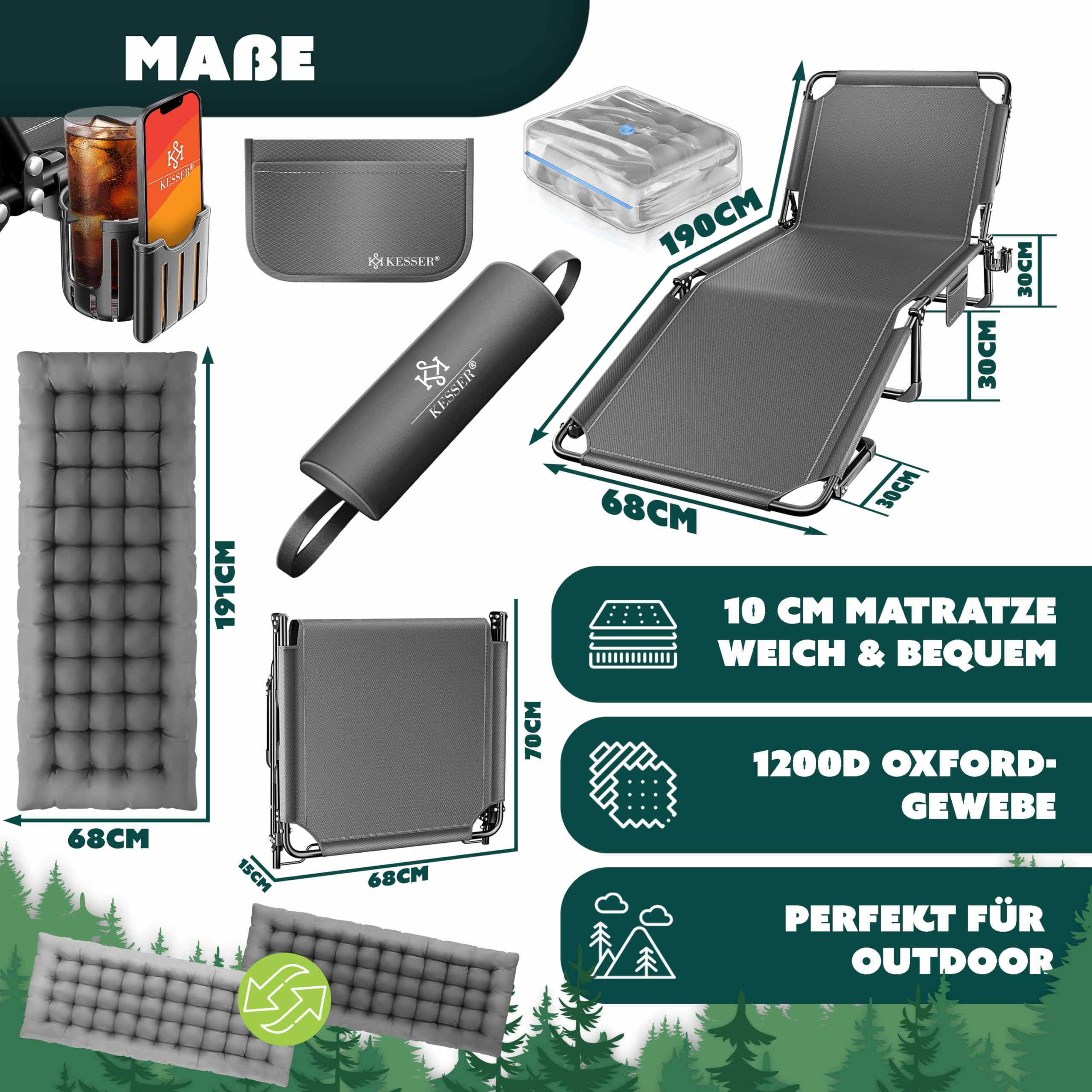 Graue Kesser Sonnenliege mit Maßen, Matratze, Tasche, Kissen und Halter.