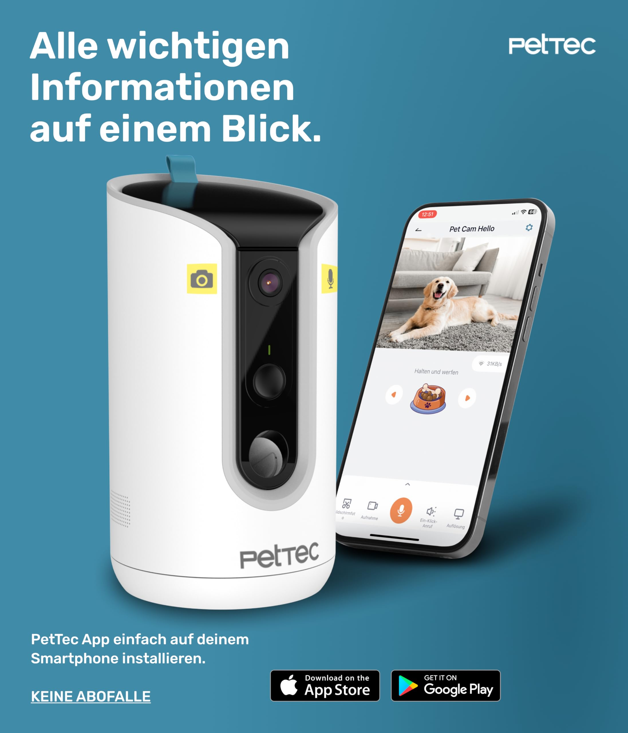 Telecamera per animali PetTec e smartphone con app di un cane.