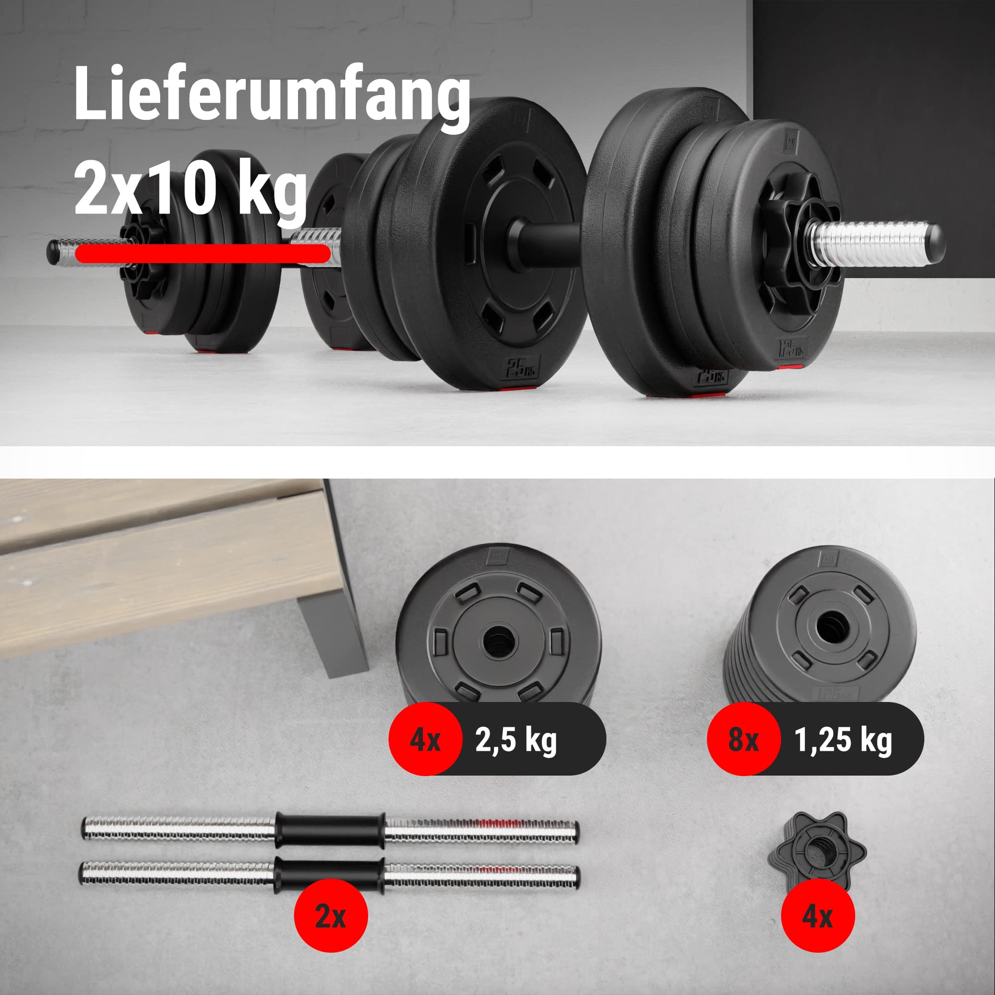 Lieferumfang von zwei 10kg Hanteln mit Gewichten und Stangen auf grauem Hintergrund.