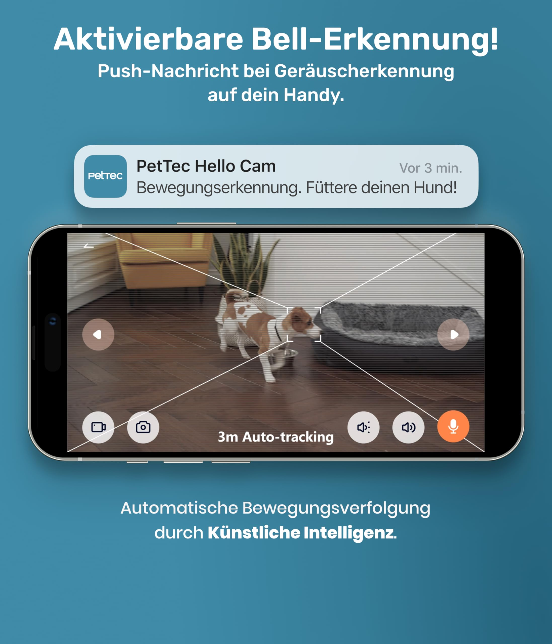 Smartphone con app telecamera per animali che mostra un cane, una notifica e testo.