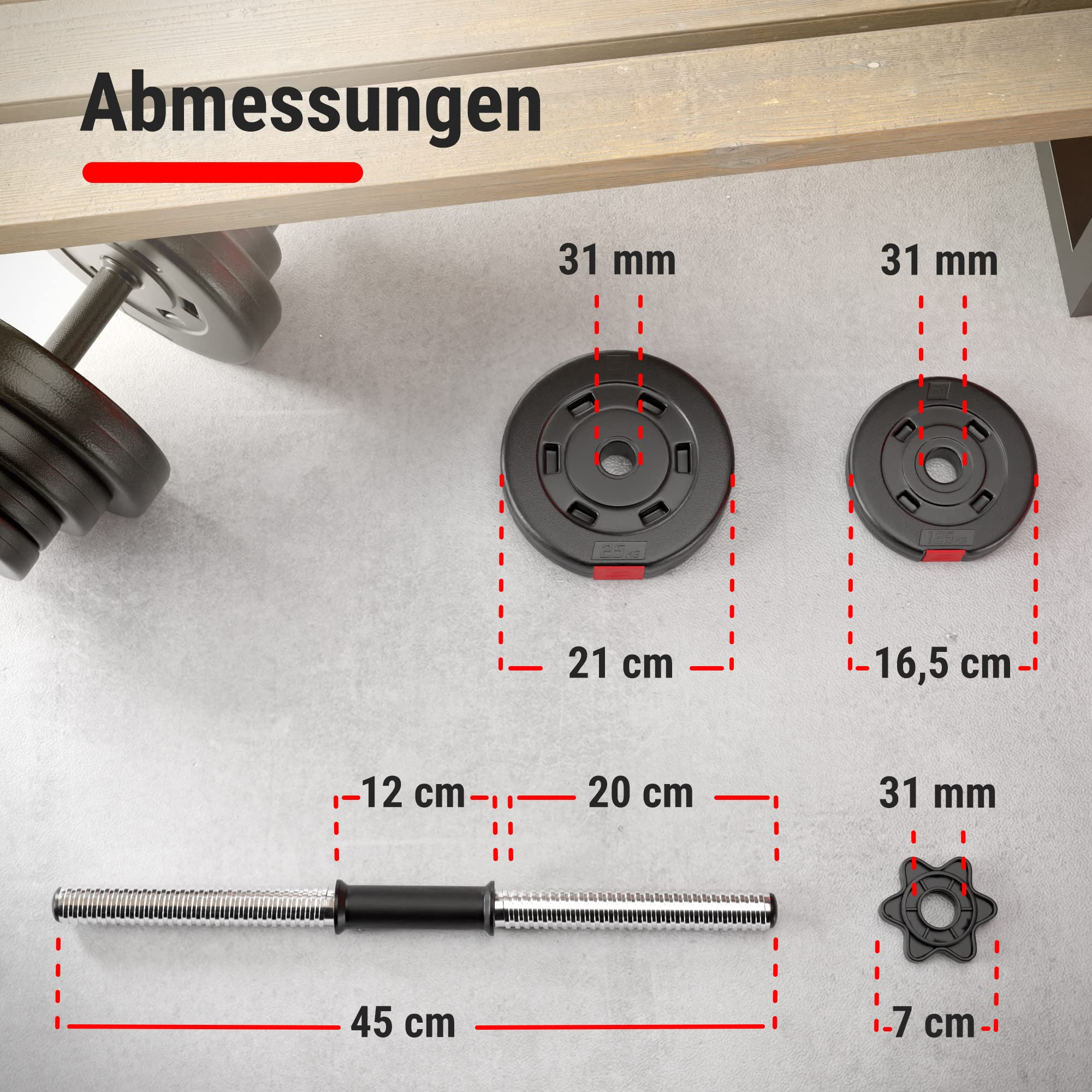 Bild zeigt Hantelkomponenten mit Maßen in cm und mm, inklusive Gewichte, Stange und Sternverschluss.