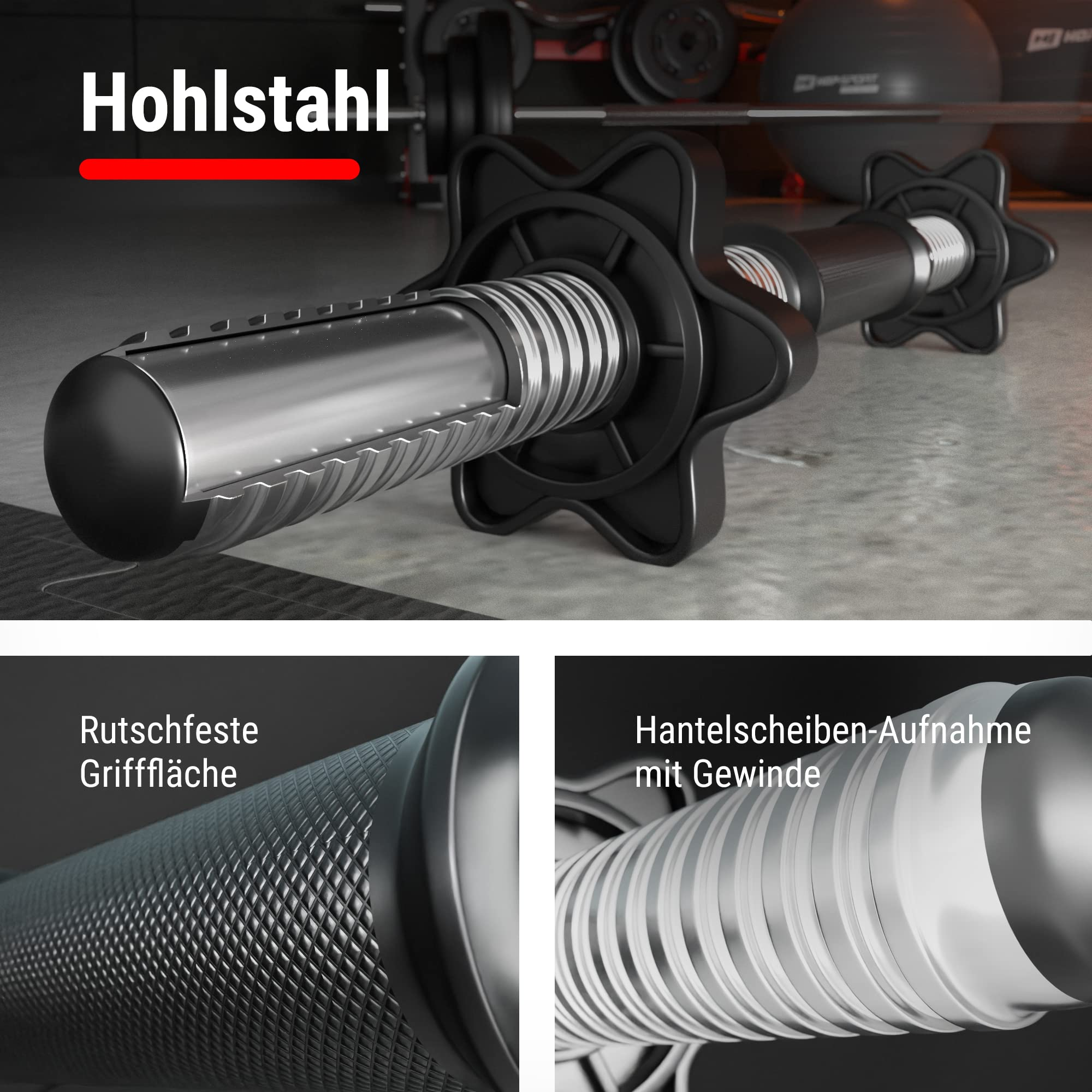 Detailansicht einer Hantelstange aus Hohlstahl mit rutschfester Grifffläche und Gewinde.