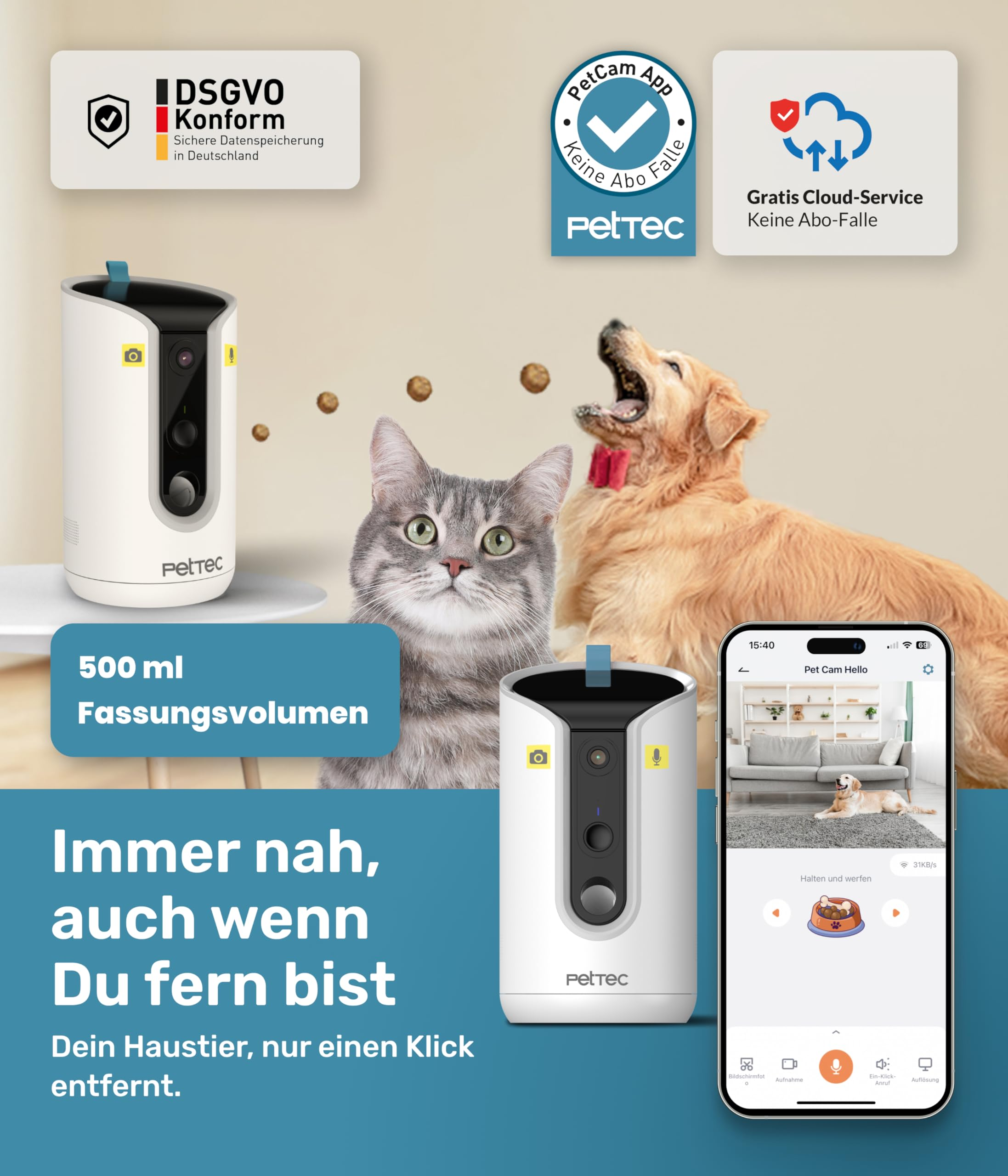 Telecamera per animali PetTec con distributore di snack e app.