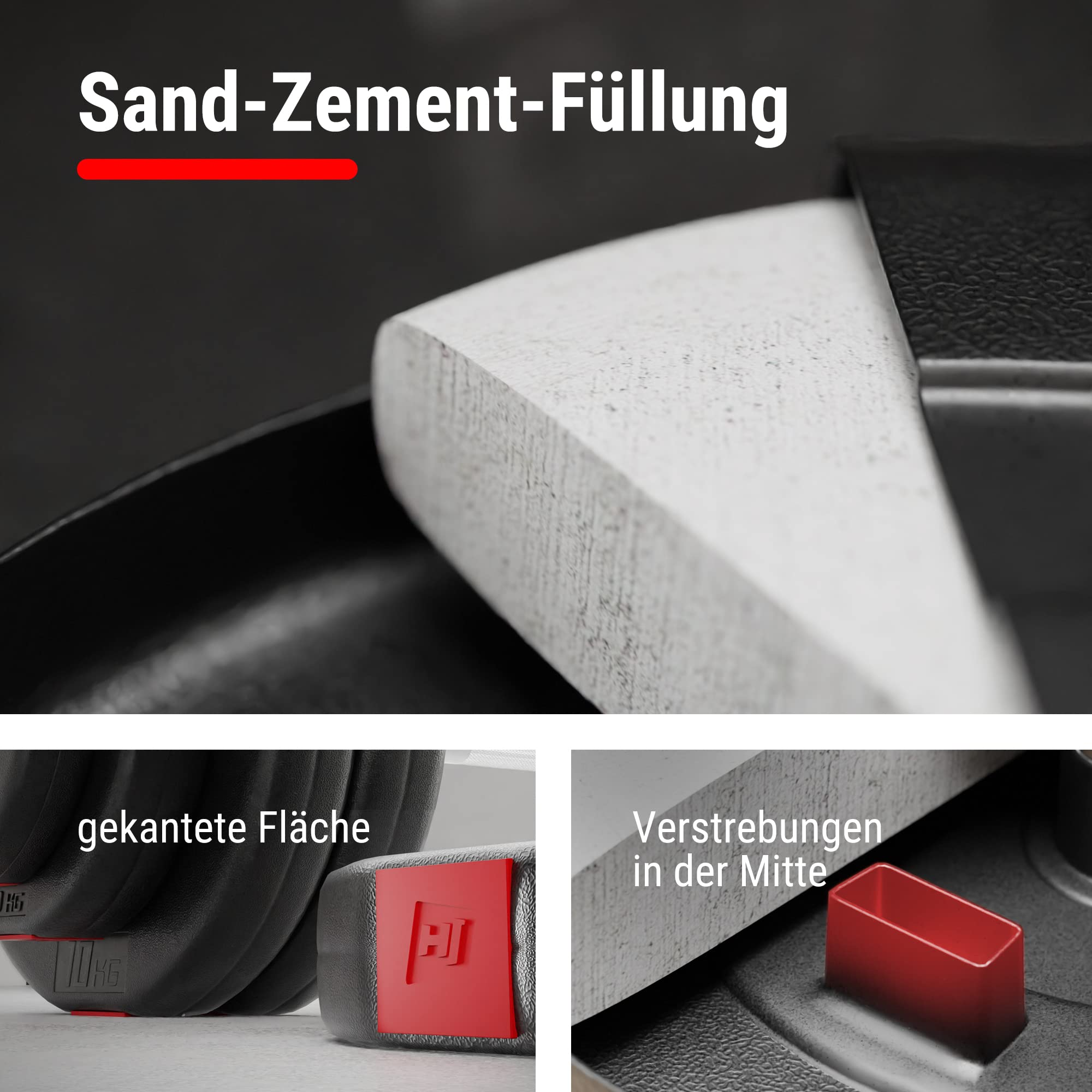 Nahaufnahme einer Hantel mit Sand-Zement-Füllung, gekanteter Fläche und Verstrebungen.