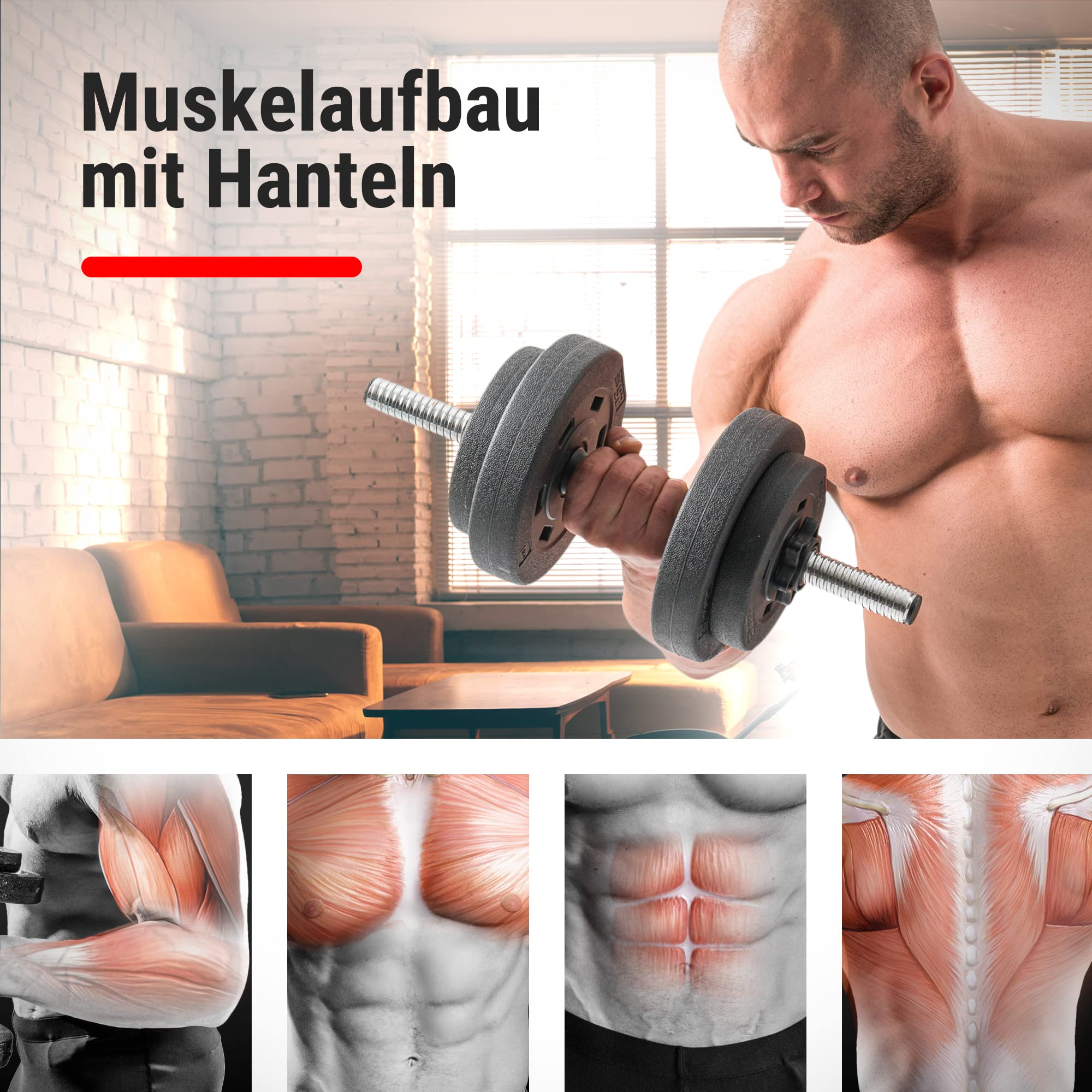 Muskulöser Mann trainiert mit Hantel; unten sind anatomische Darstellungen von Muskeln zu sehen.