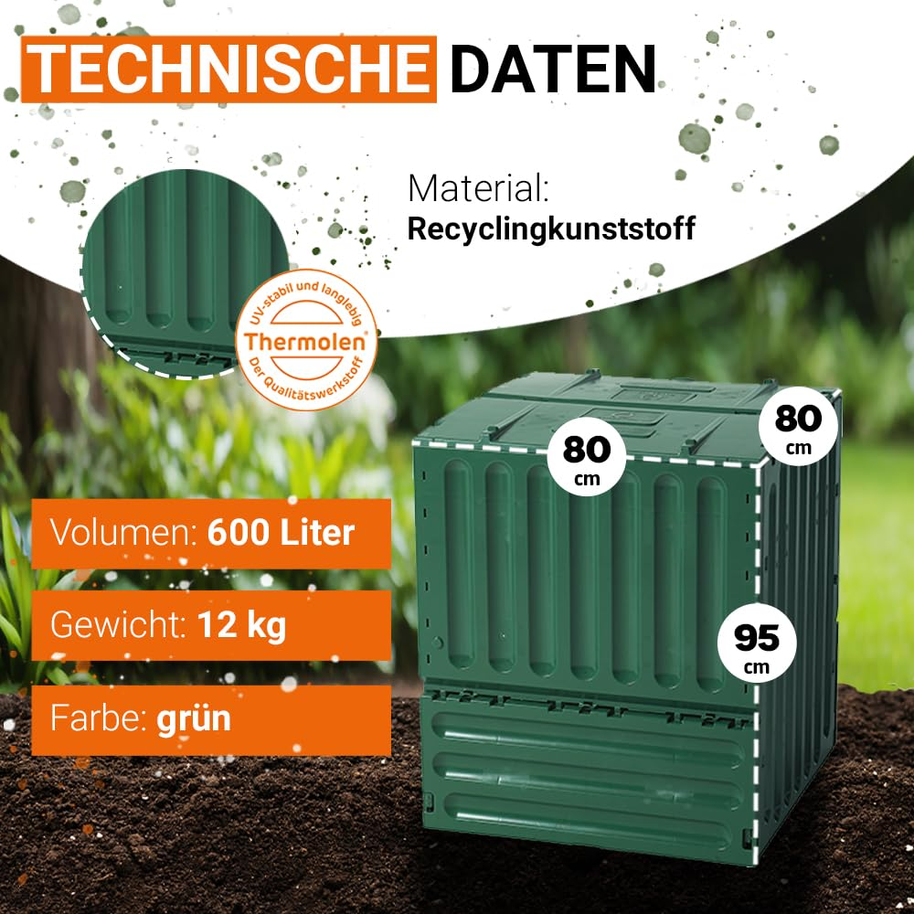 Composteur vert de 80x80x95 cm, 600 litres et 12 kg, en plastique recyclé.