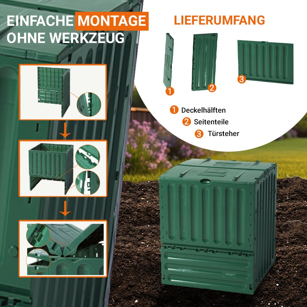 Guide pour le montage facile sans outils d'un composteur vert avec des pièces répertoriées.