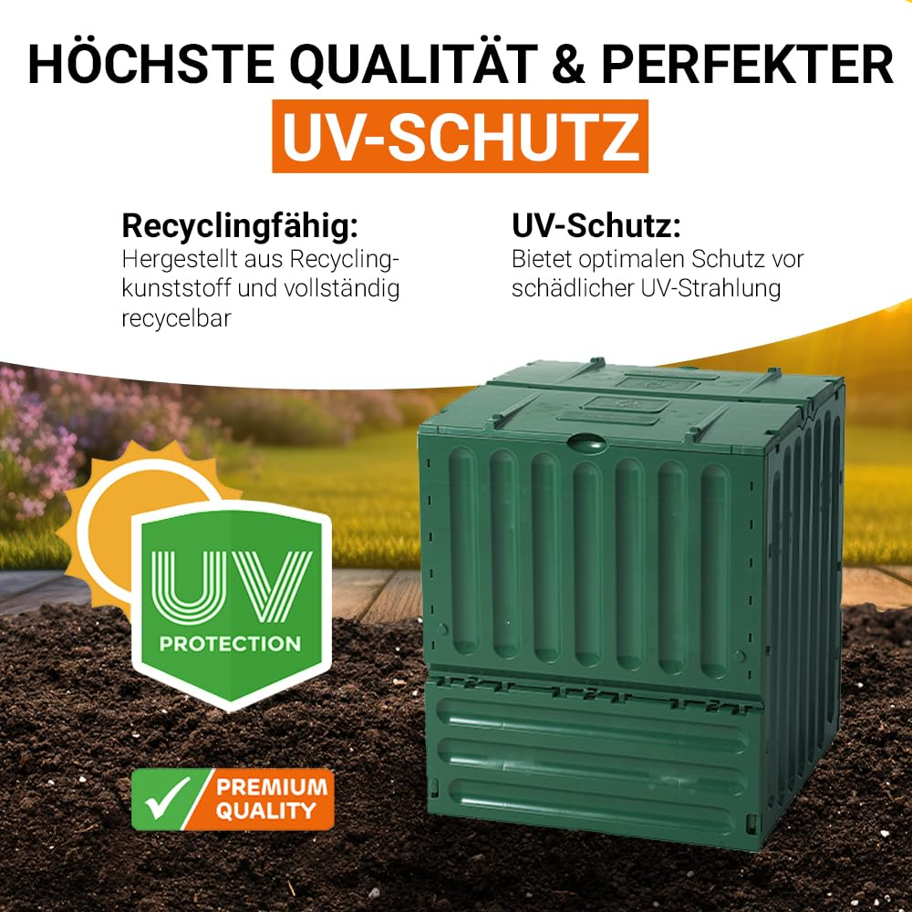 Bac à compost vert dans un jardin avec protection UV et qualité supérieure.