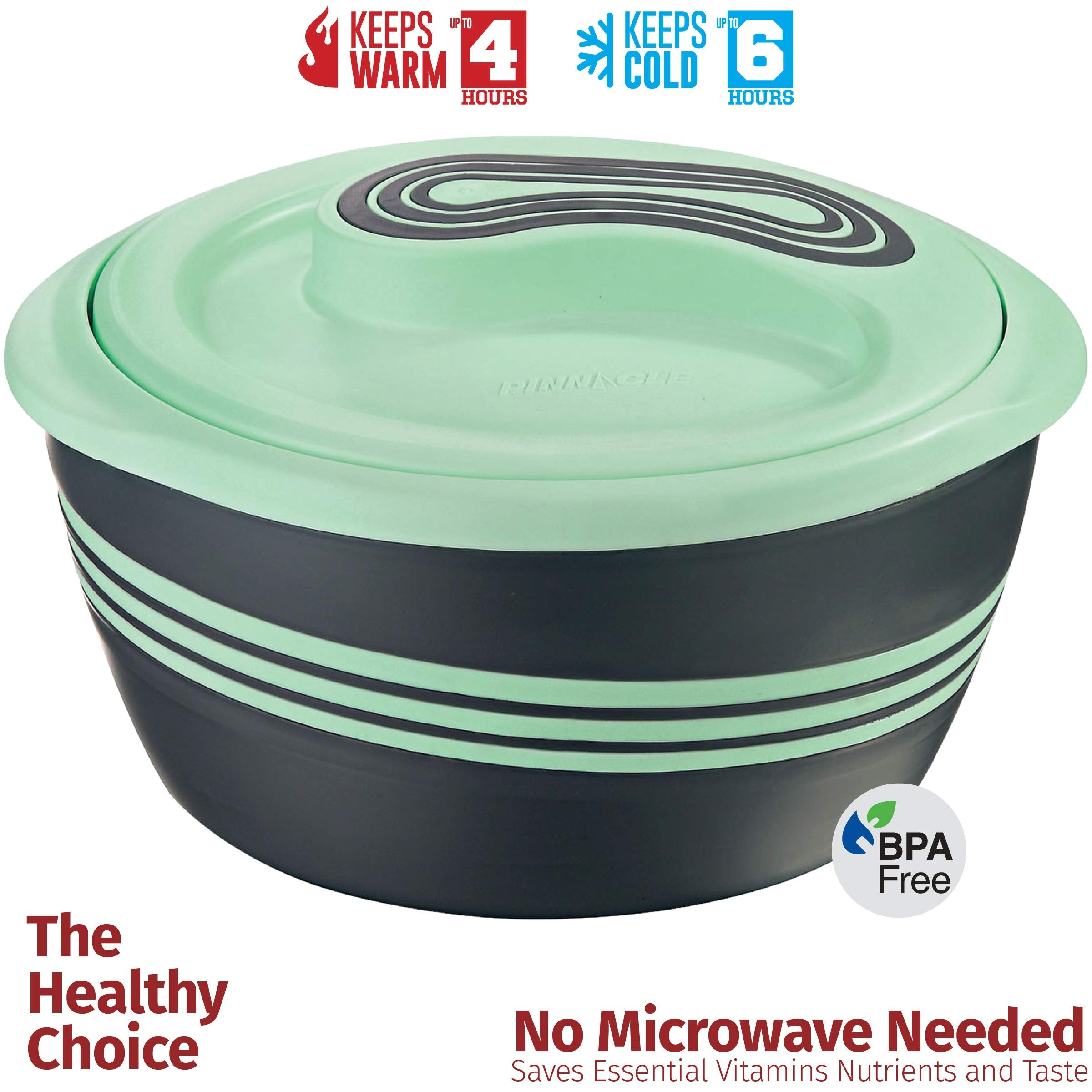 Contenitore termico verde e nero con manico, mantiene caldo e freddo, senza BPA.