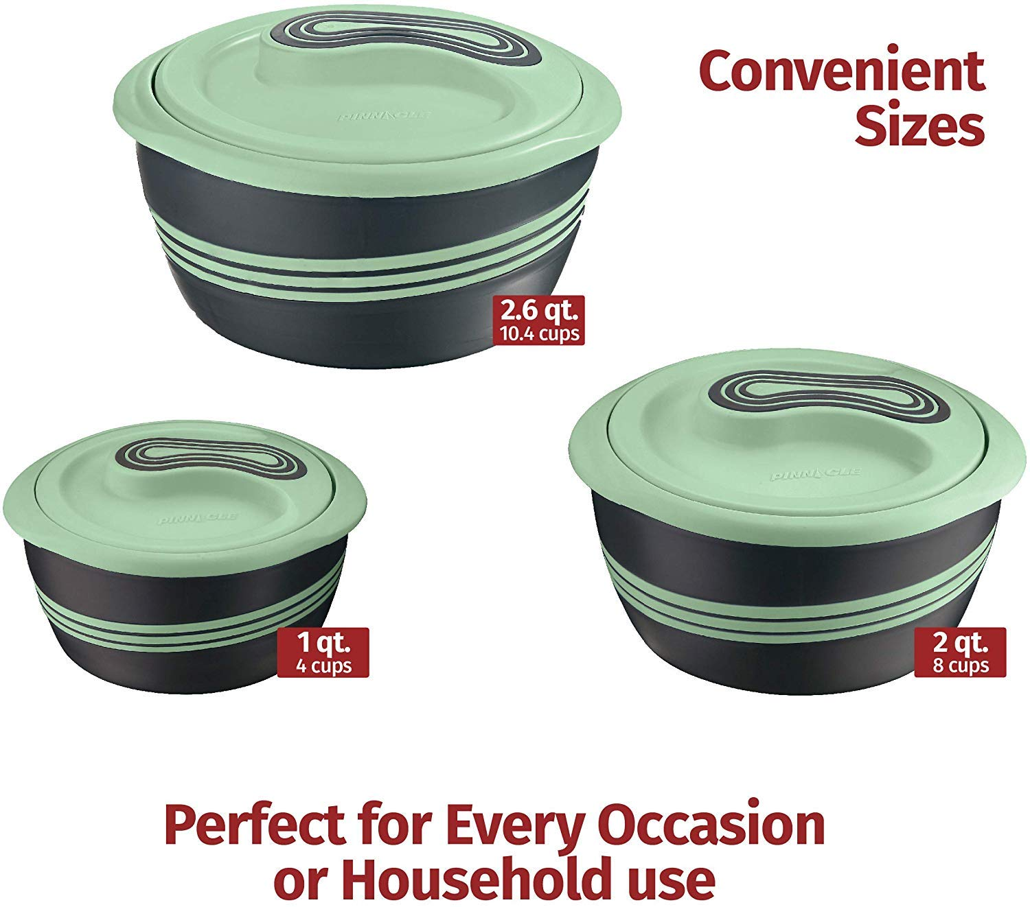 Tre ciotole nere con coperchi verde menta di diverse dimensioni e testo promozionale.