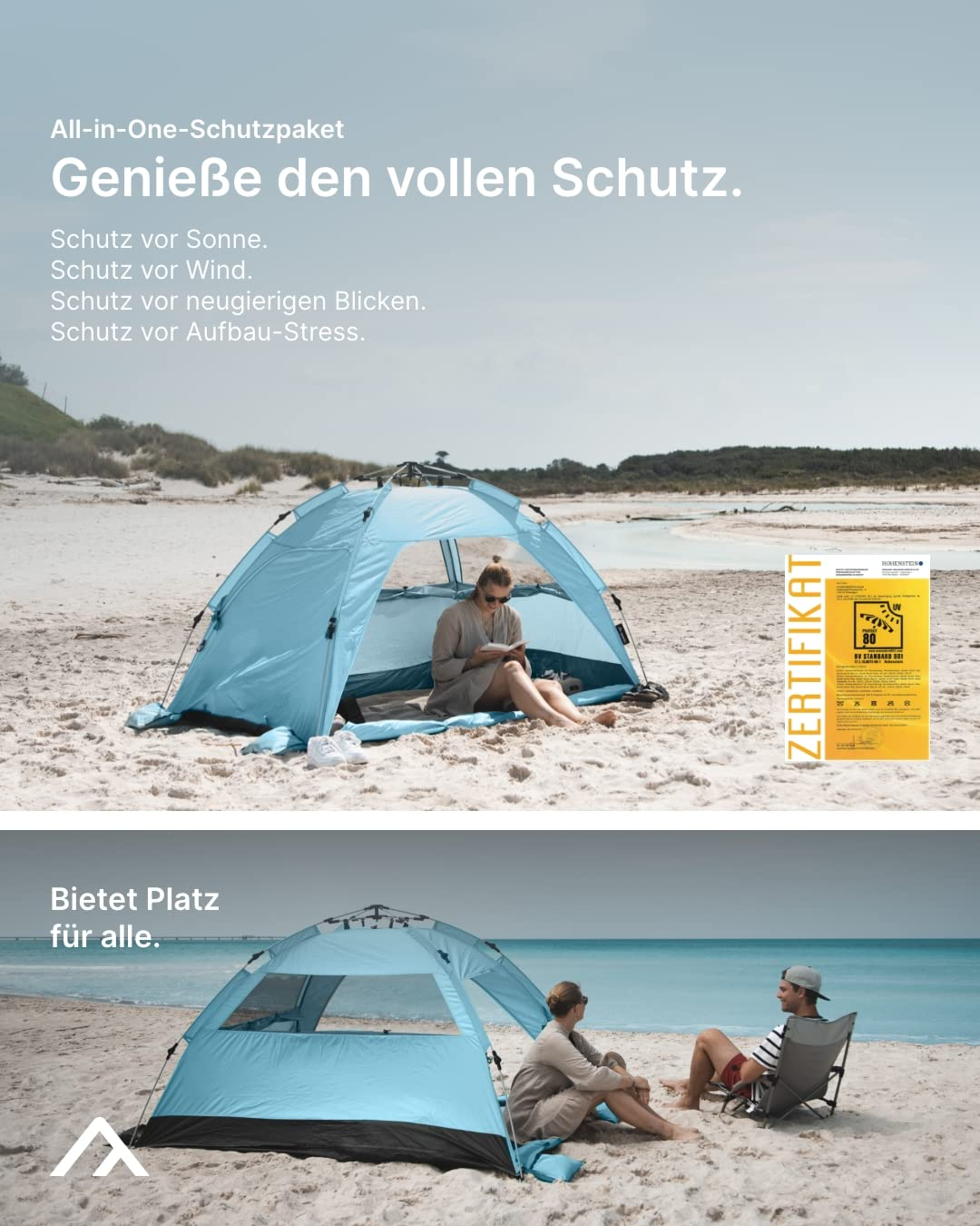 Image promotionnelle d'une tente de plage bleu clair avec du texte et un certificat.