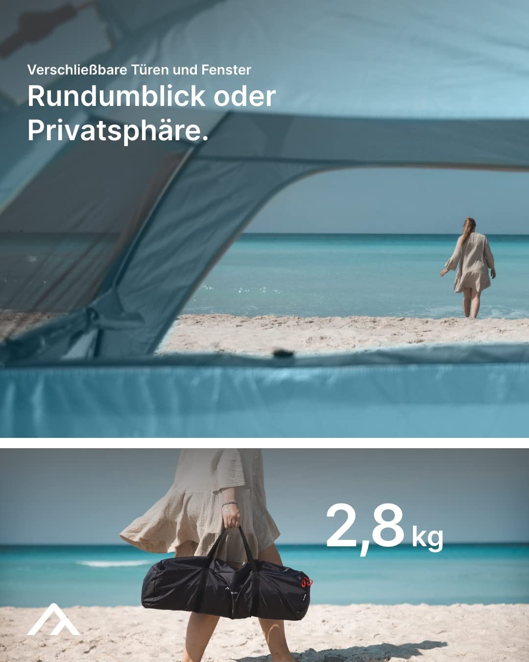 Vue de tente sur femme de plage et personne au sac, 2,8 kg.