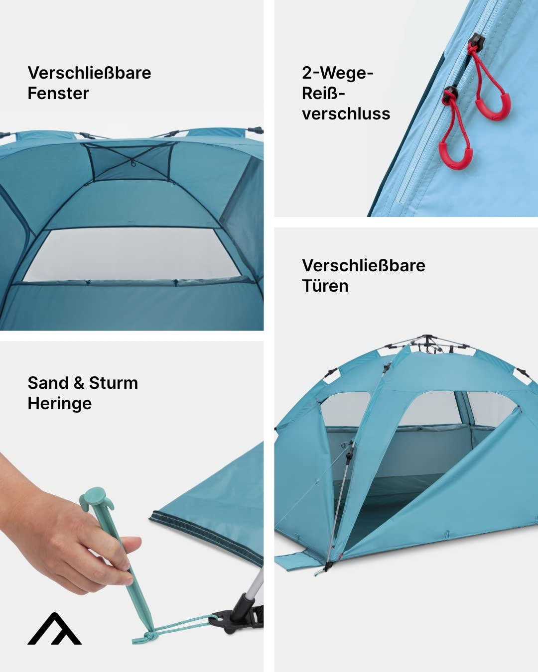 Quatre images montrent des détails comme les fenêtres, fermetures éclair, portes et sardines d'une tente bleue.