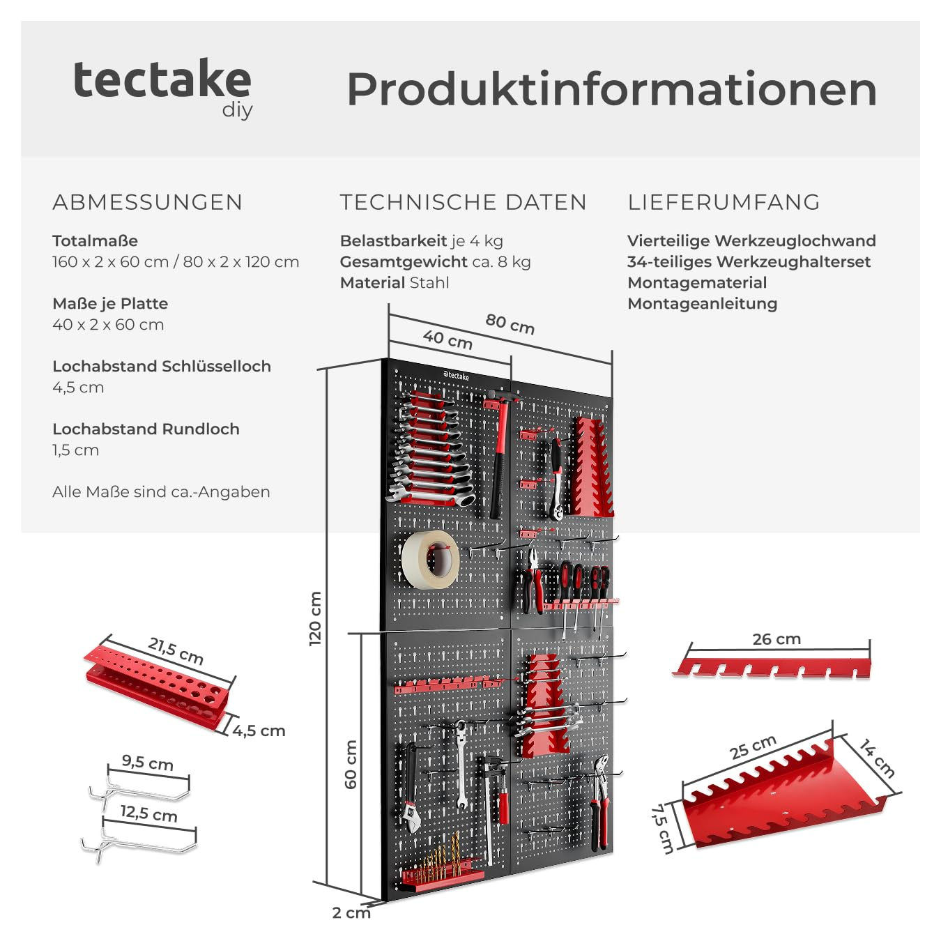 Produktinformationen zu einer schwarzen Werkzeuglochwand aus Stahl mit Maßen und Zubehör.