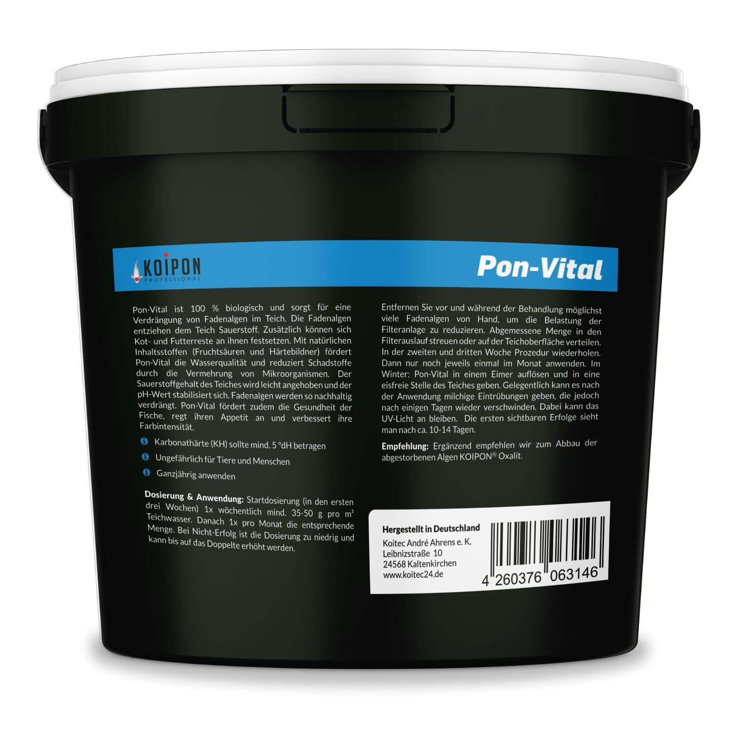 Seau noir avec couvercle blanc et étiquette du produit de soin pour bassin Pon-Vital avec instructions et code-barres.